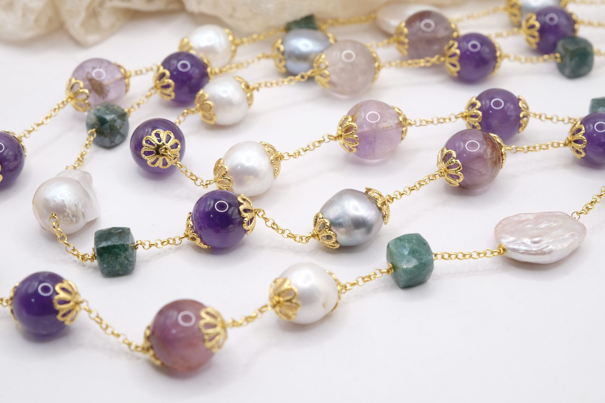 COLLANA MULTIFILO AMETISTA FLUORITE TORMALINE VERDI PERLE GRIGIE E BIANCHE ARGENTO 925 DORATO EMATITE (5)