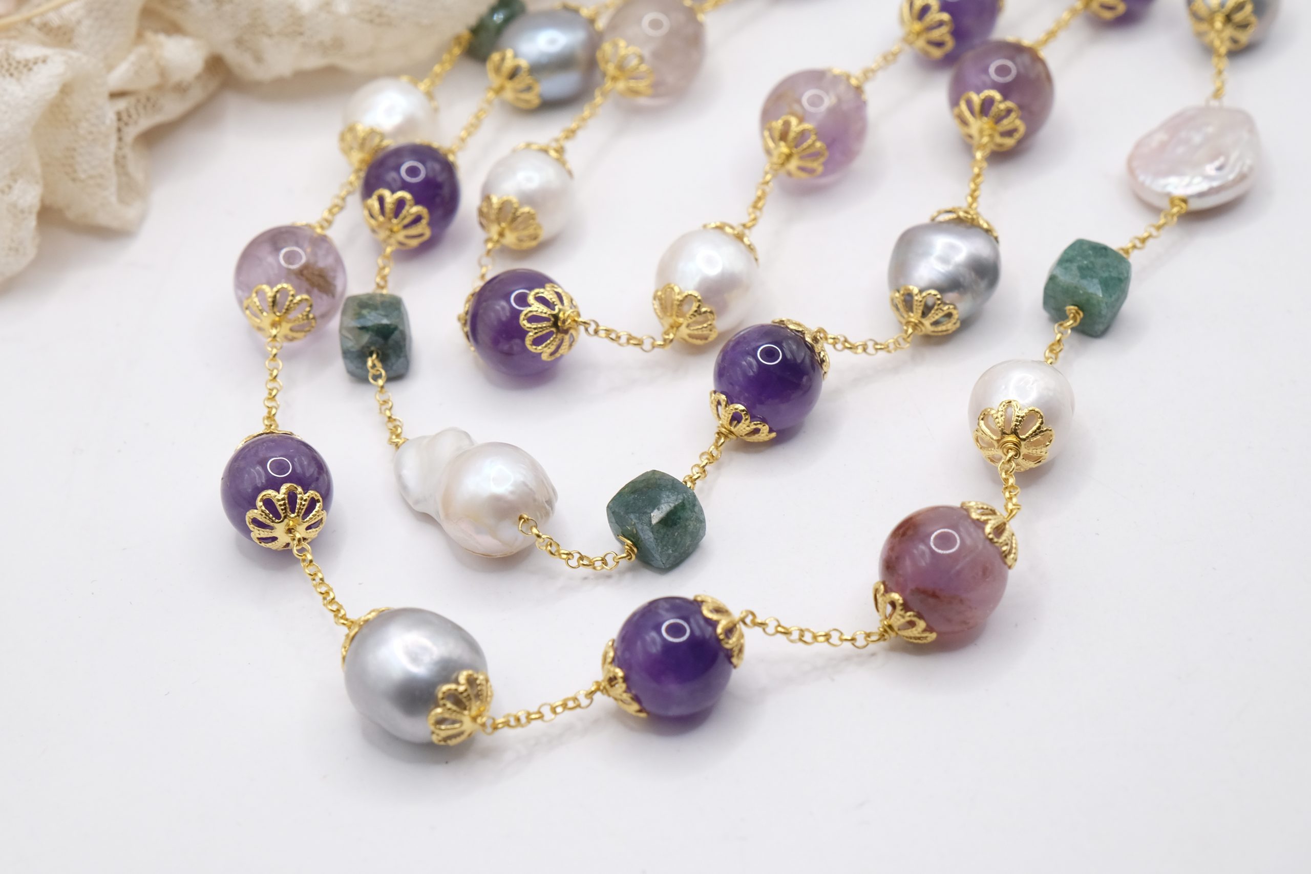 COLLANA MULTIFILO AMETISTA FLUORITE TORMALINE VERDI PERLE GRIGIE E BIANCHE ARGENTO 925 DORATO EMATITE (6)