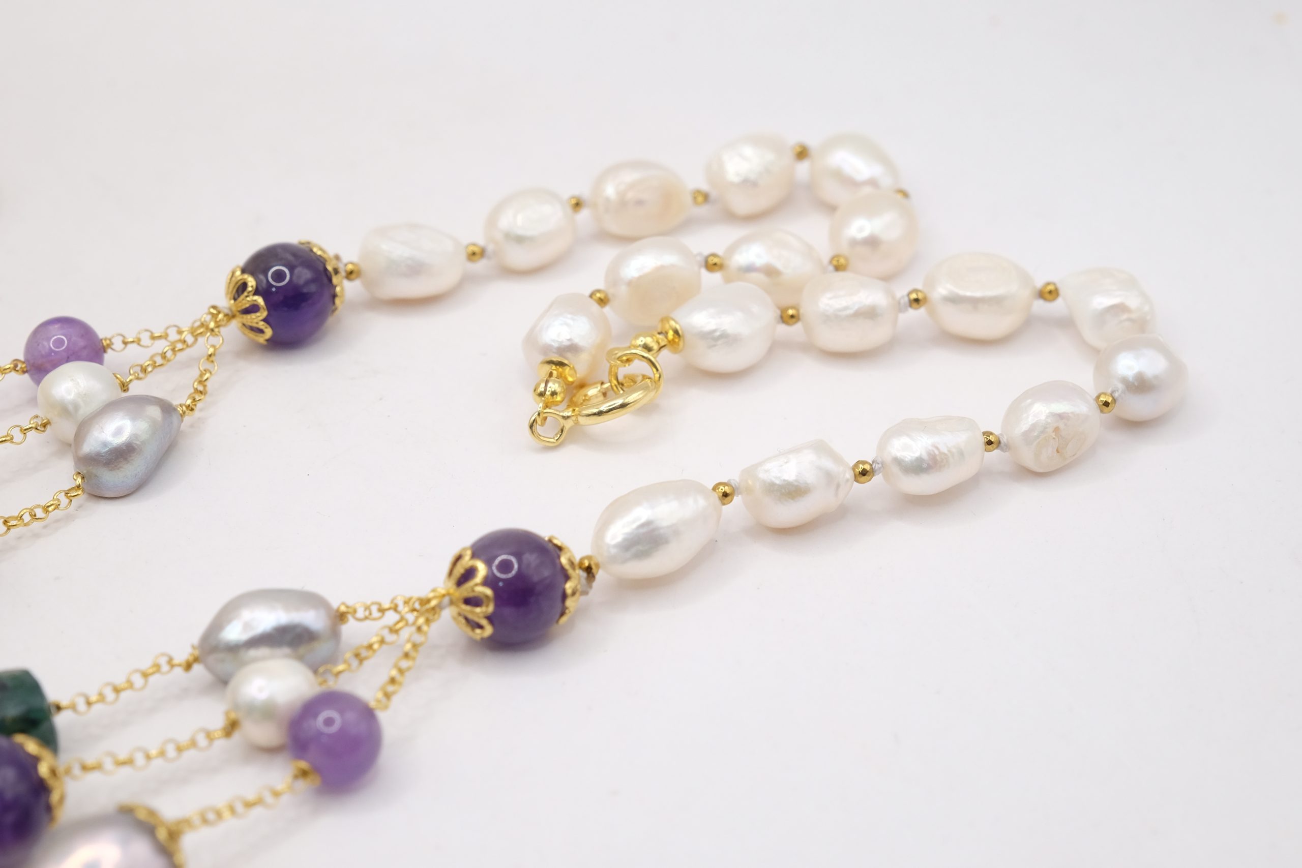 COLLANA MULTIFILO AMETISTA FLUORITE TORMALINE VERDI PERLE GRIGIE E BIANCHE ARGENTO 925 DORATO EMATITE (7)