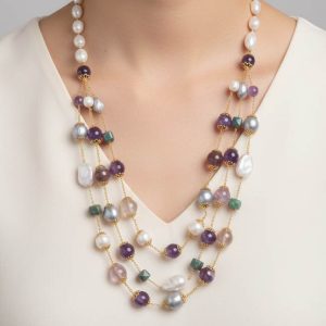 Collana Multifilo Artigianale Ametista Fluorite Tormaline Verdi Perle Bianche e Grigie
