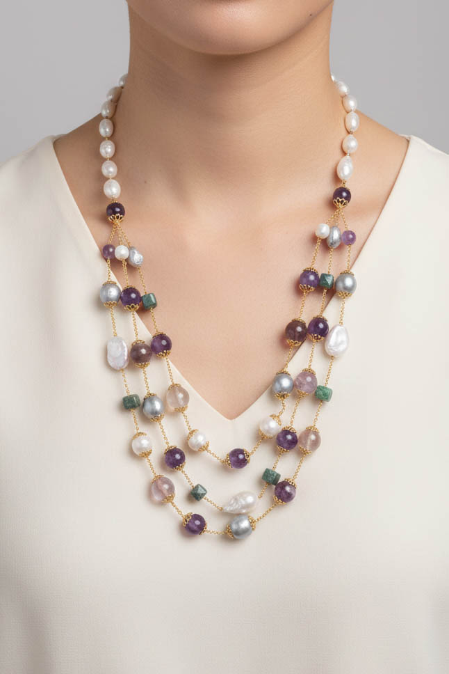 COLLANA MULTIFILO AMETISTA FLUORITE TORMALINE VERDI PERLE GRIGIE E BIANCHE ARGENTO 925 DORATO EMATITE a
