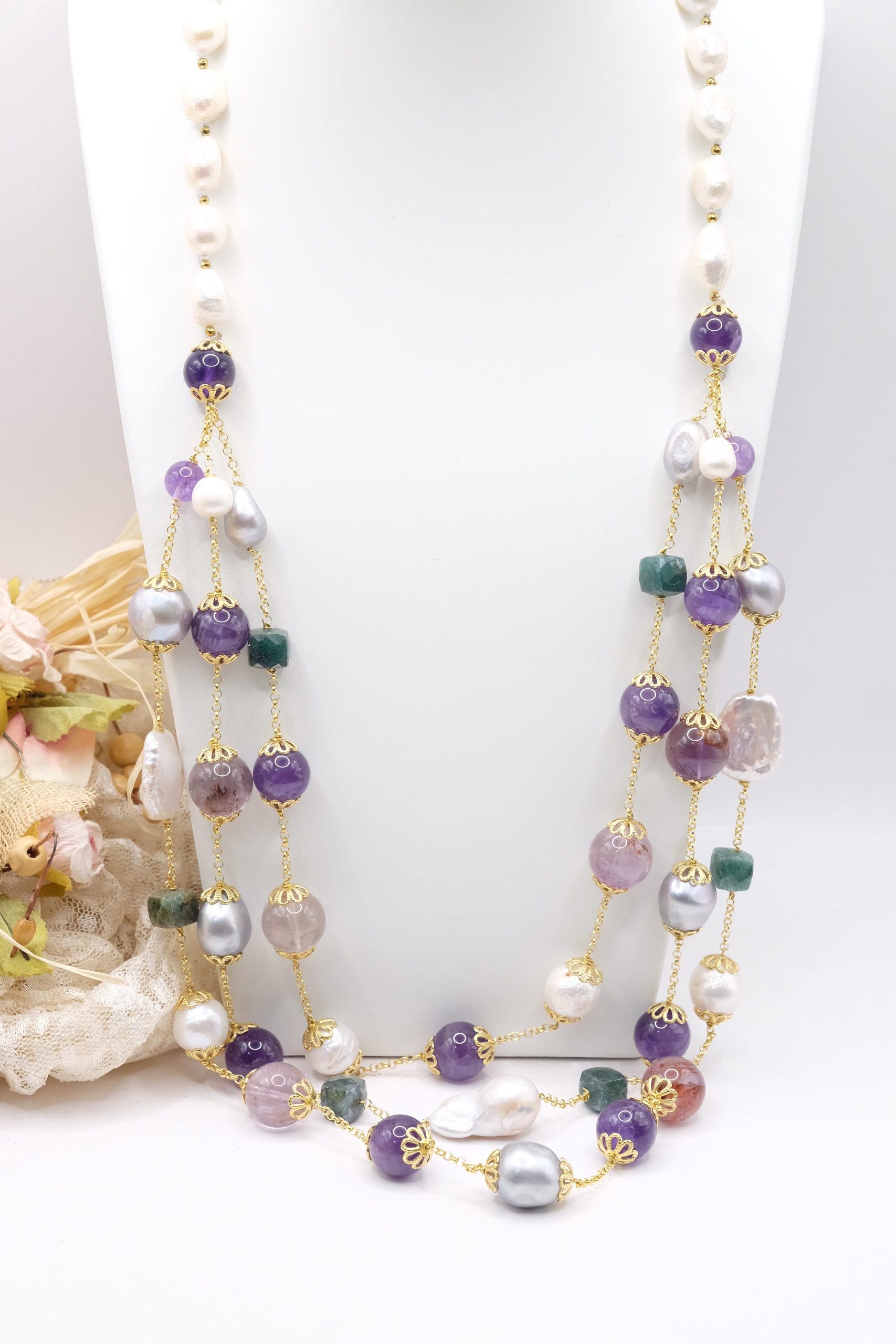 COLLANA MULTIFILO AMETISTA FLUORITE TORMALINE VERDI PERLE GRIGIE E BIANCHE ARGENTO 925 DORATO EMATITE