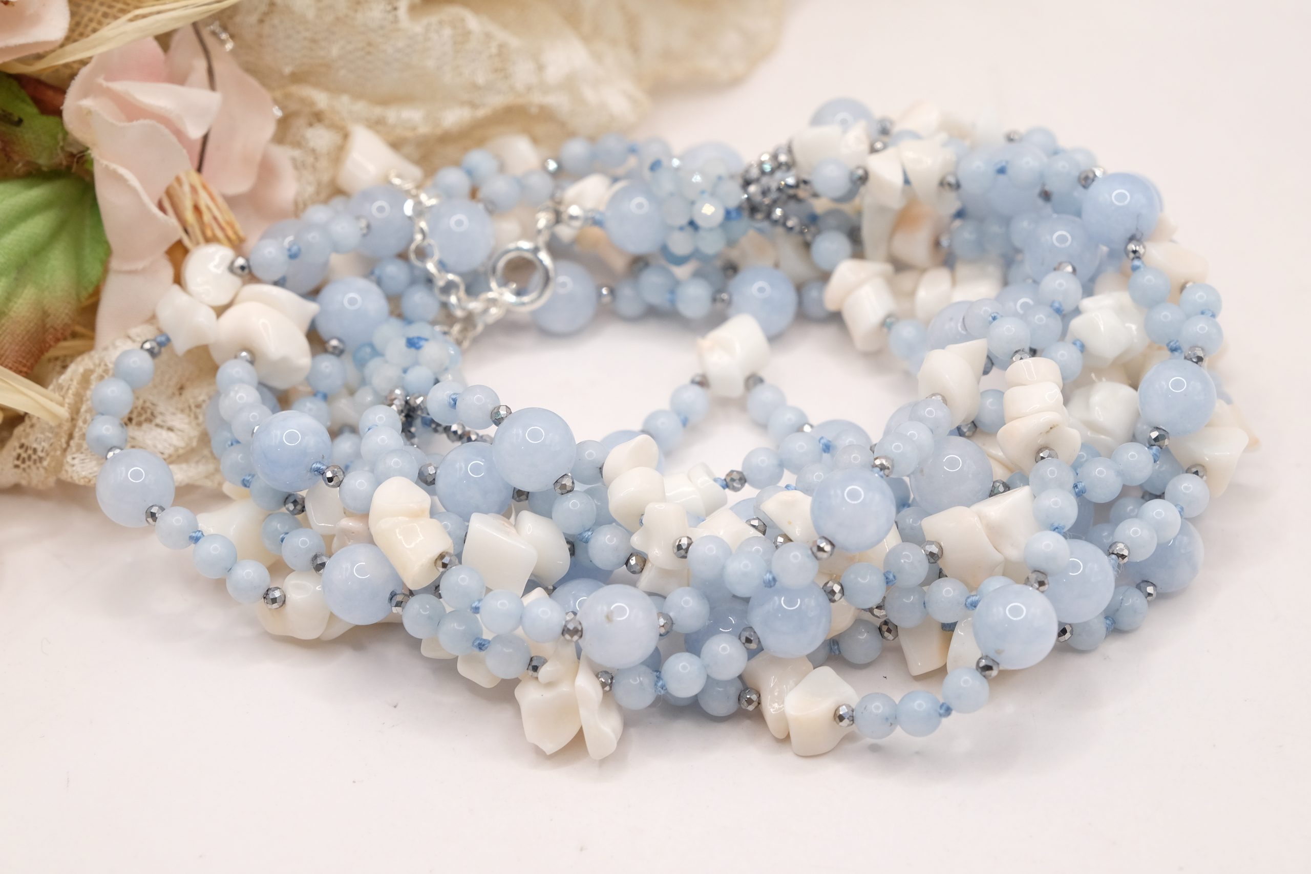 MULTI-STRAND NECKLACE 925 SILVER ZIRCONIA AQUAMARINE WHITE PINK CORAL (1)