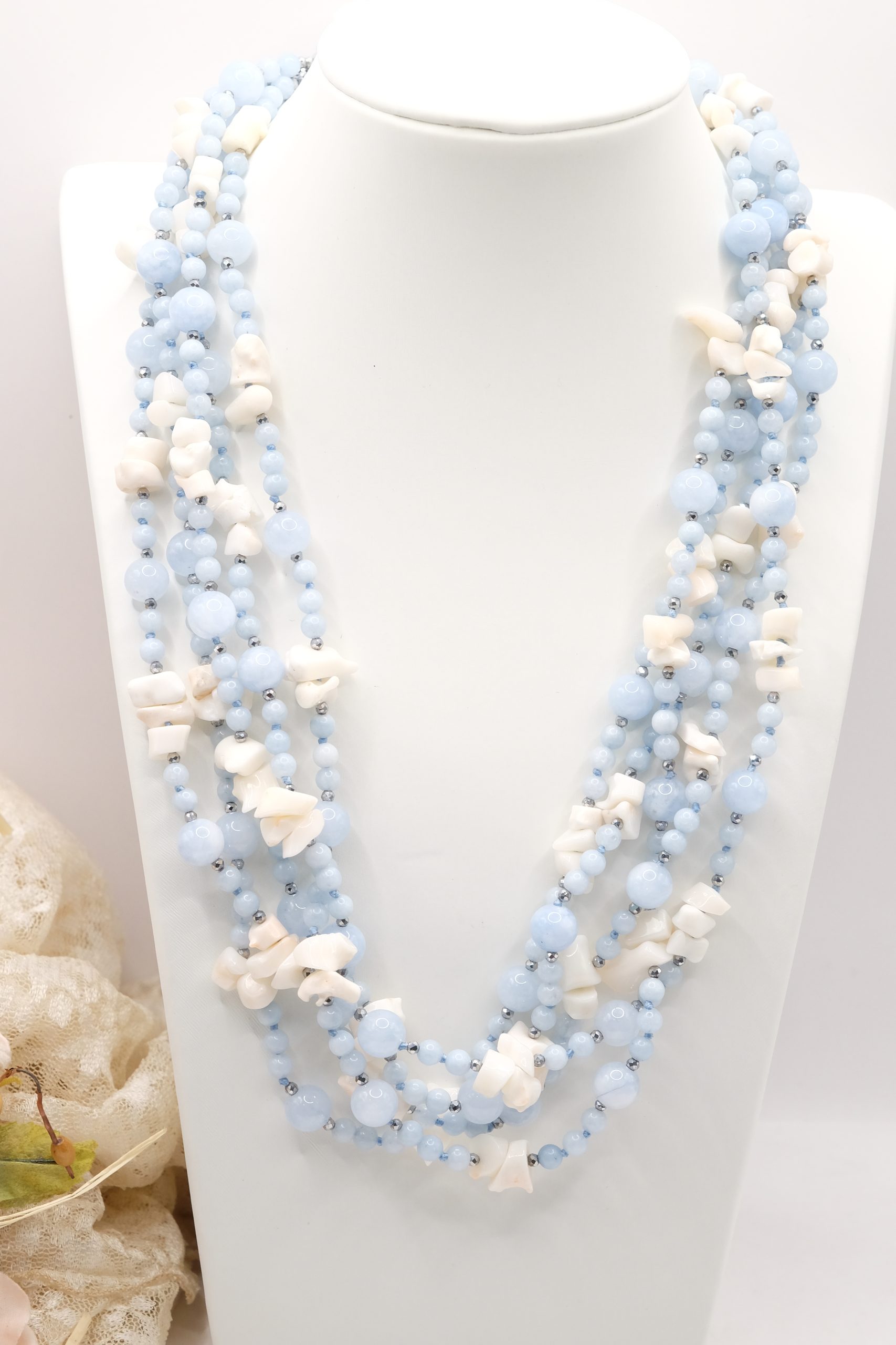 MULTI-STRAND NECKLACE 925 SILVER ZIRCONIA AQUAMARINE WHITE PINK CORAL (2)