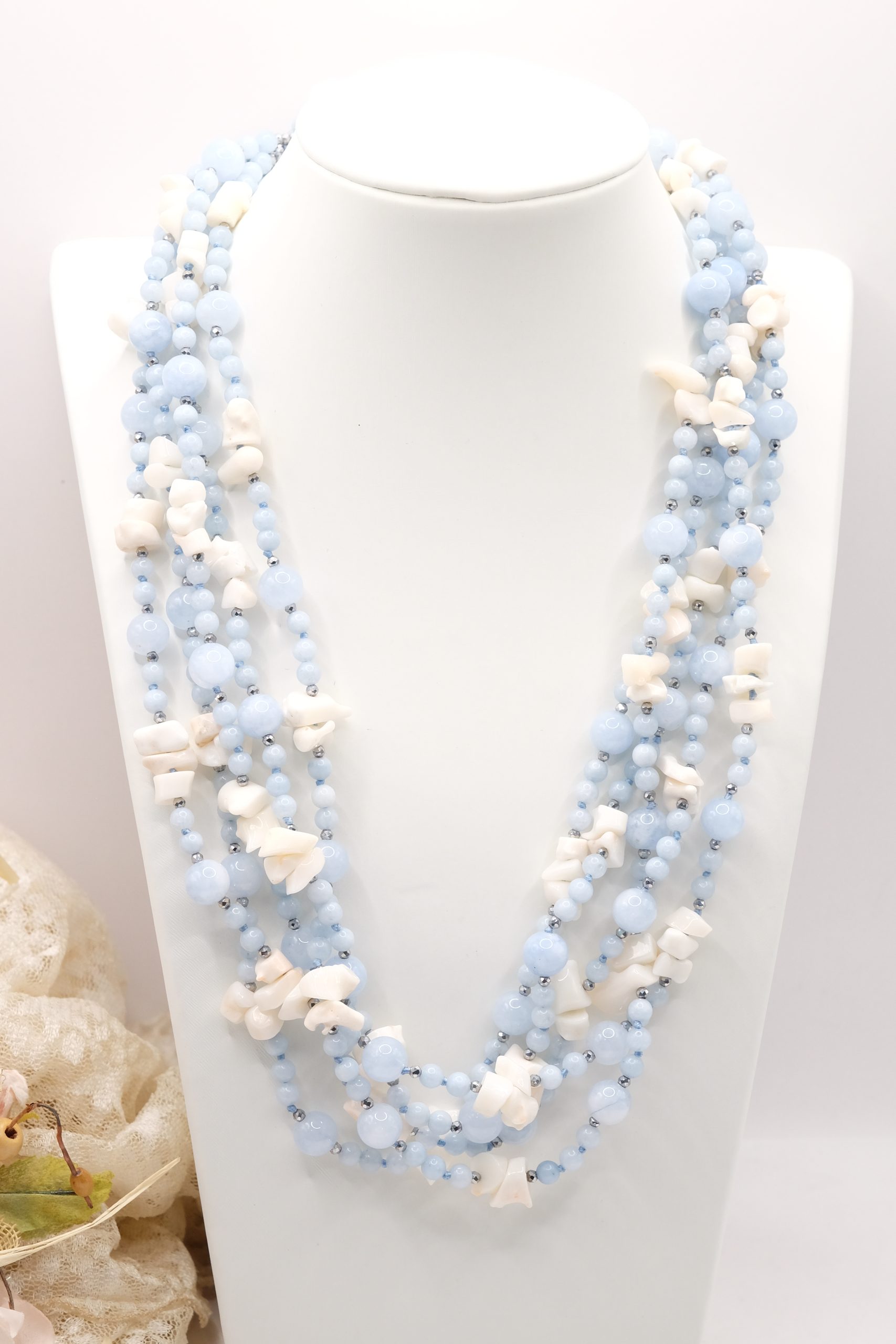 MULTI-STRAND NECKLACE 925 SILVER ZIRCONIA AQUAMARINE WHITE PINK CORAL (3)
