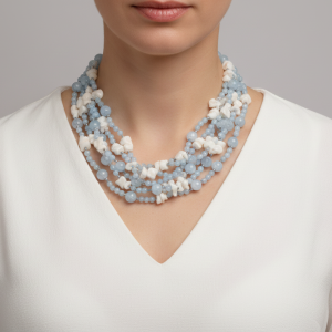 Collana Multifilo Acquamarina Corallo Bianco Rosa Argento 925