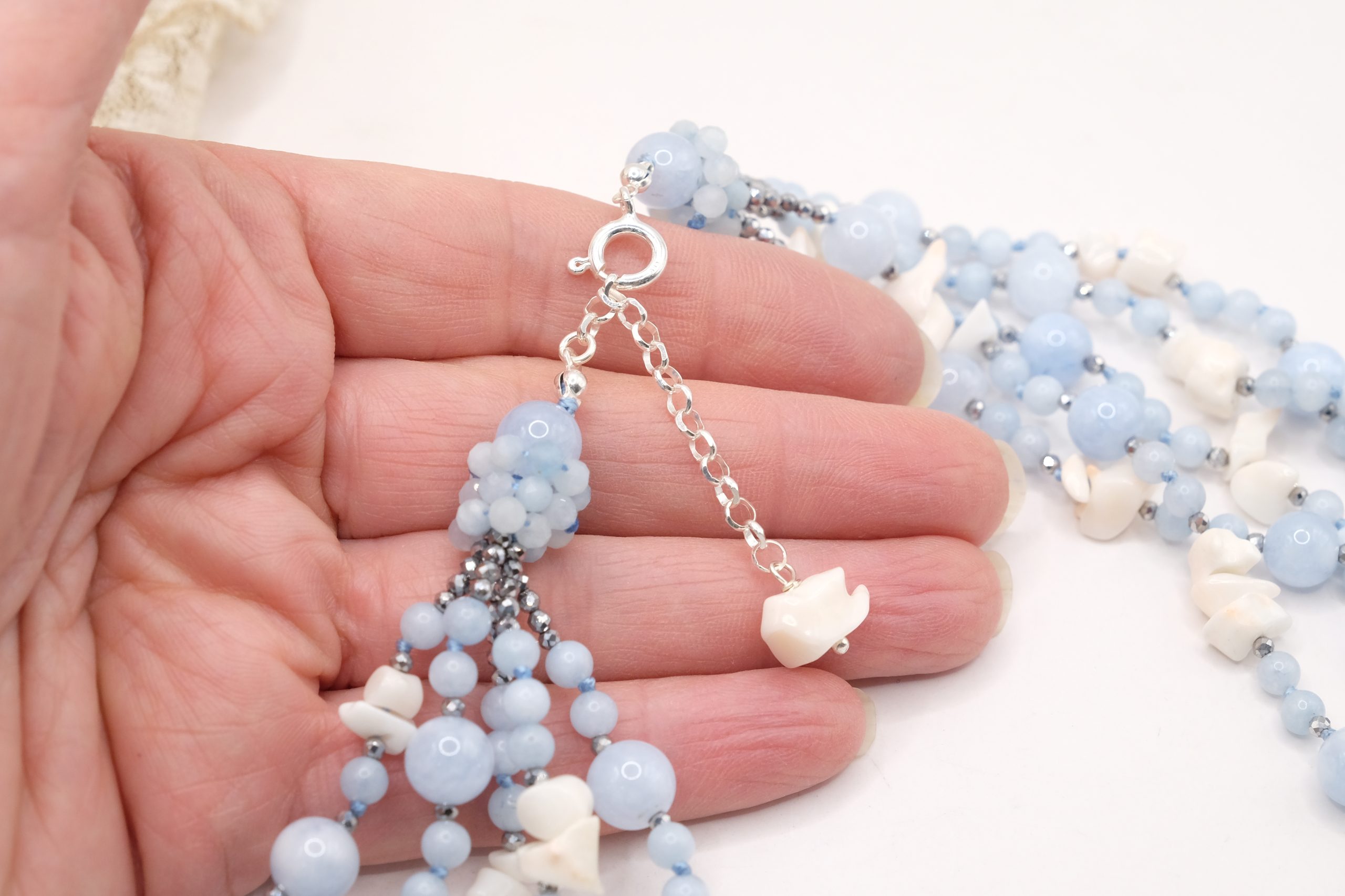 MULTI-STRAND NECKLACE 925 SILVER ZIRCONIA AQUAMARINE WHITE PINK CORAL (4)