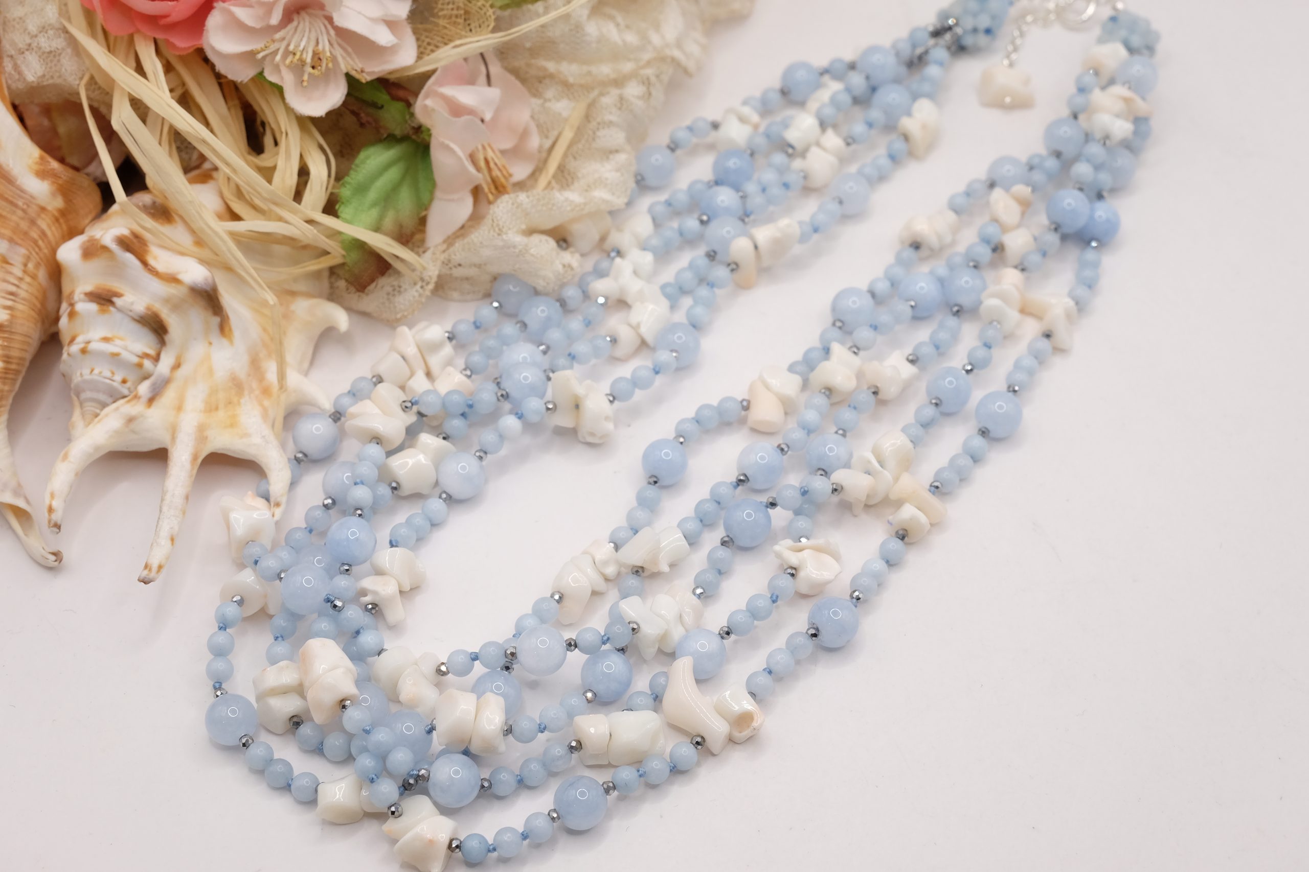 MULTI-STRAND NECKLACE 925 SILVER ZIRCONIA AQUAMARINE WHITE PINK CORAL (5)