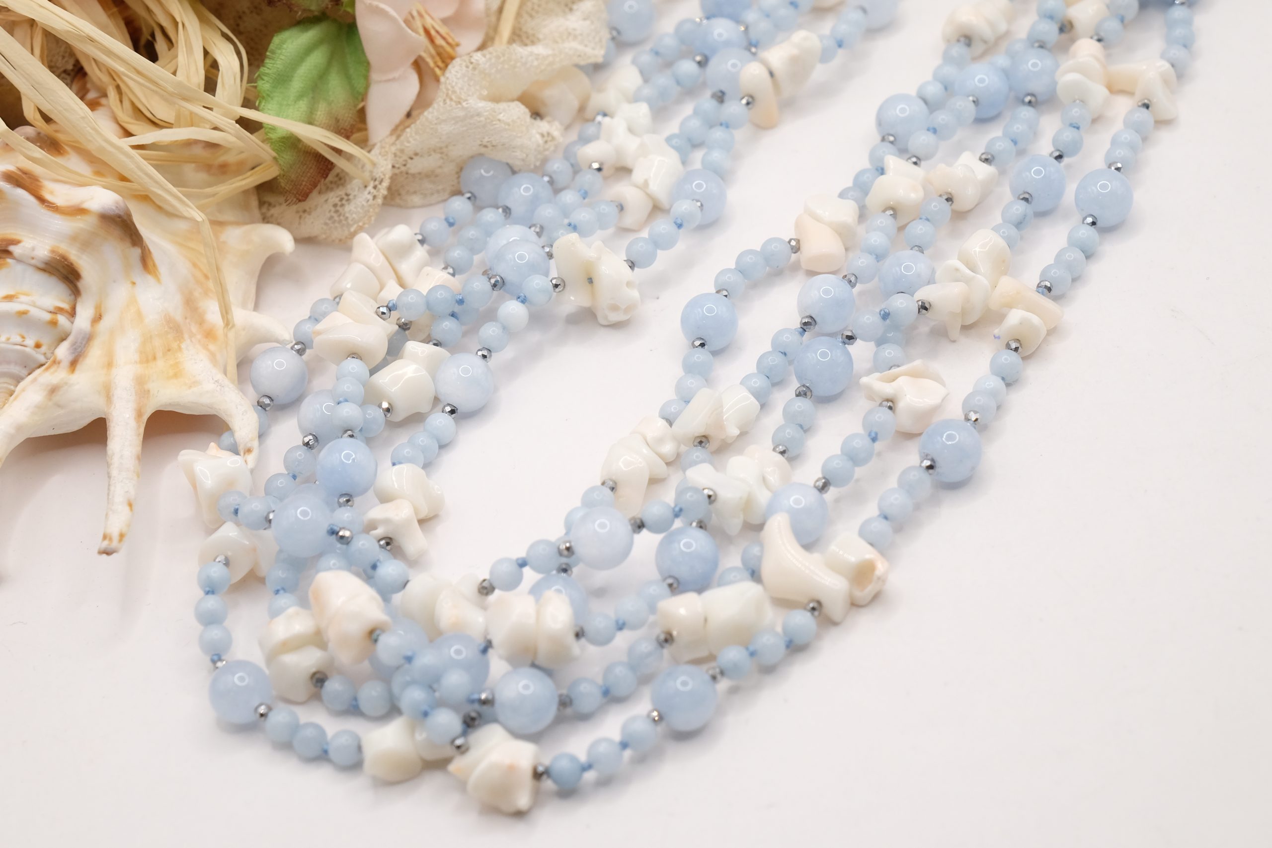 MULTI-STRAND NECKLACE 925 SILVER ZIRCONIA AQUAMARINE WHITE PINK CORAL (7)