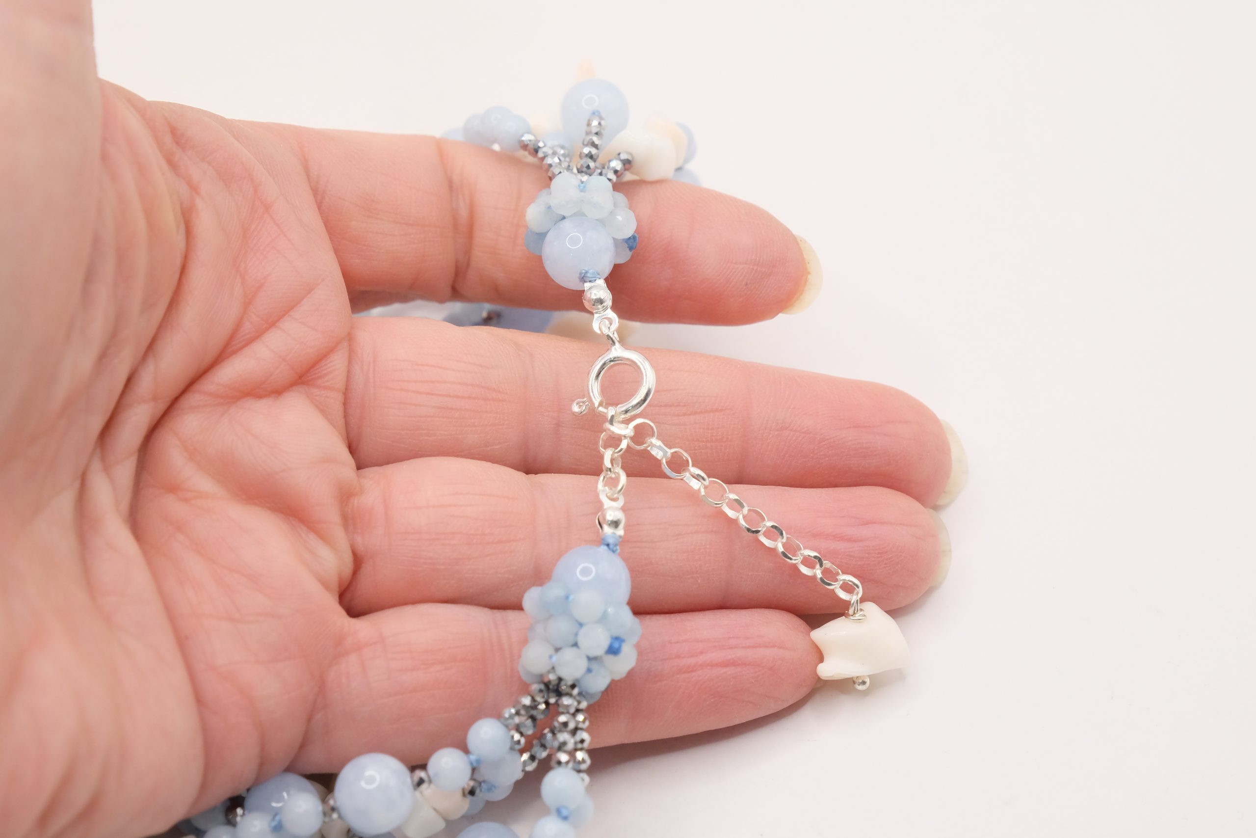 MULTI-STRAND NECKLACE 925 SILVER ZIRCONIA AQUAMARINE WHITE PINK CORAL (8)