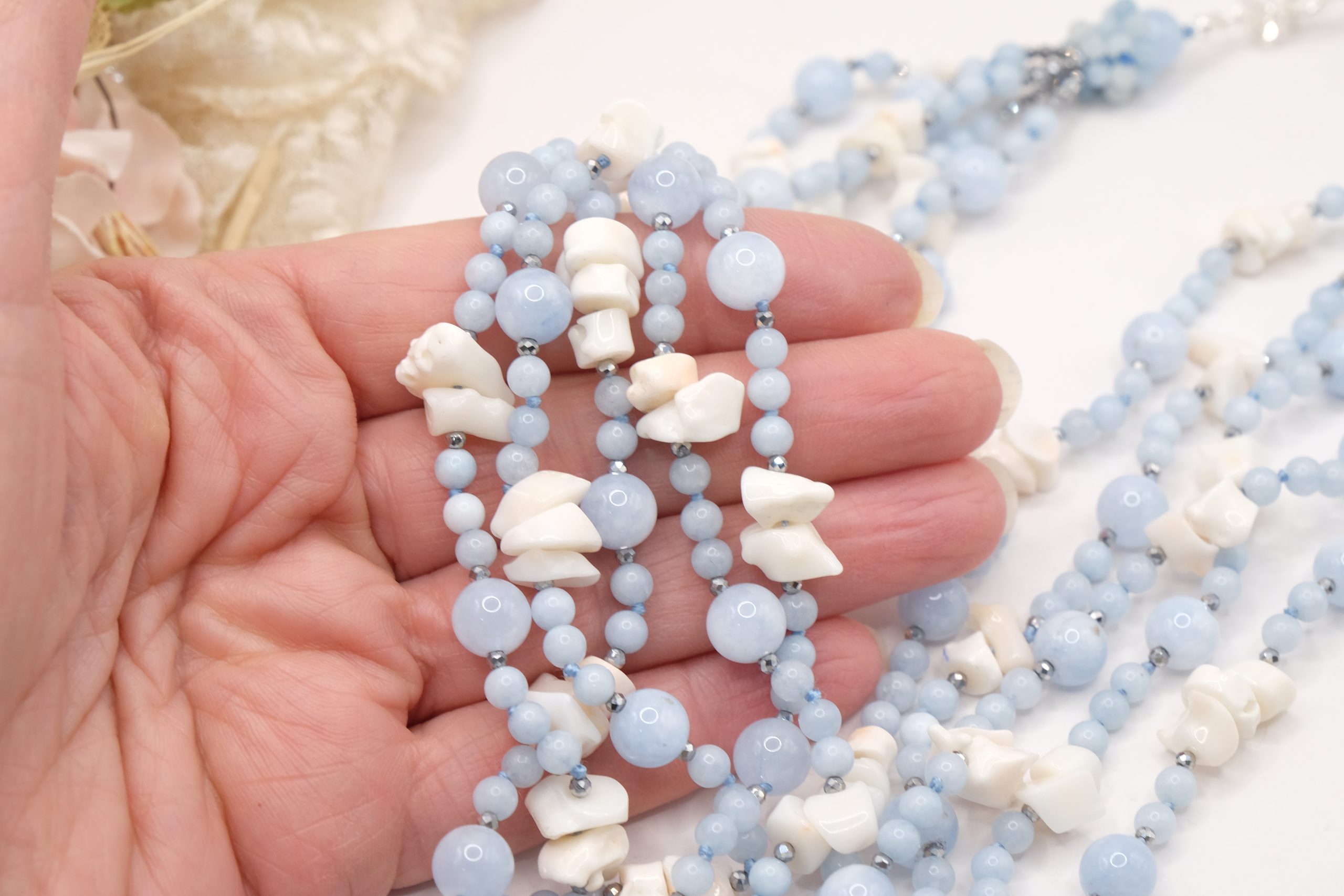 MULTI-STRAND NECKLACE 925 SILVER ZIRCONIA AQUAMARINE WHITE PINK CORAL (9)