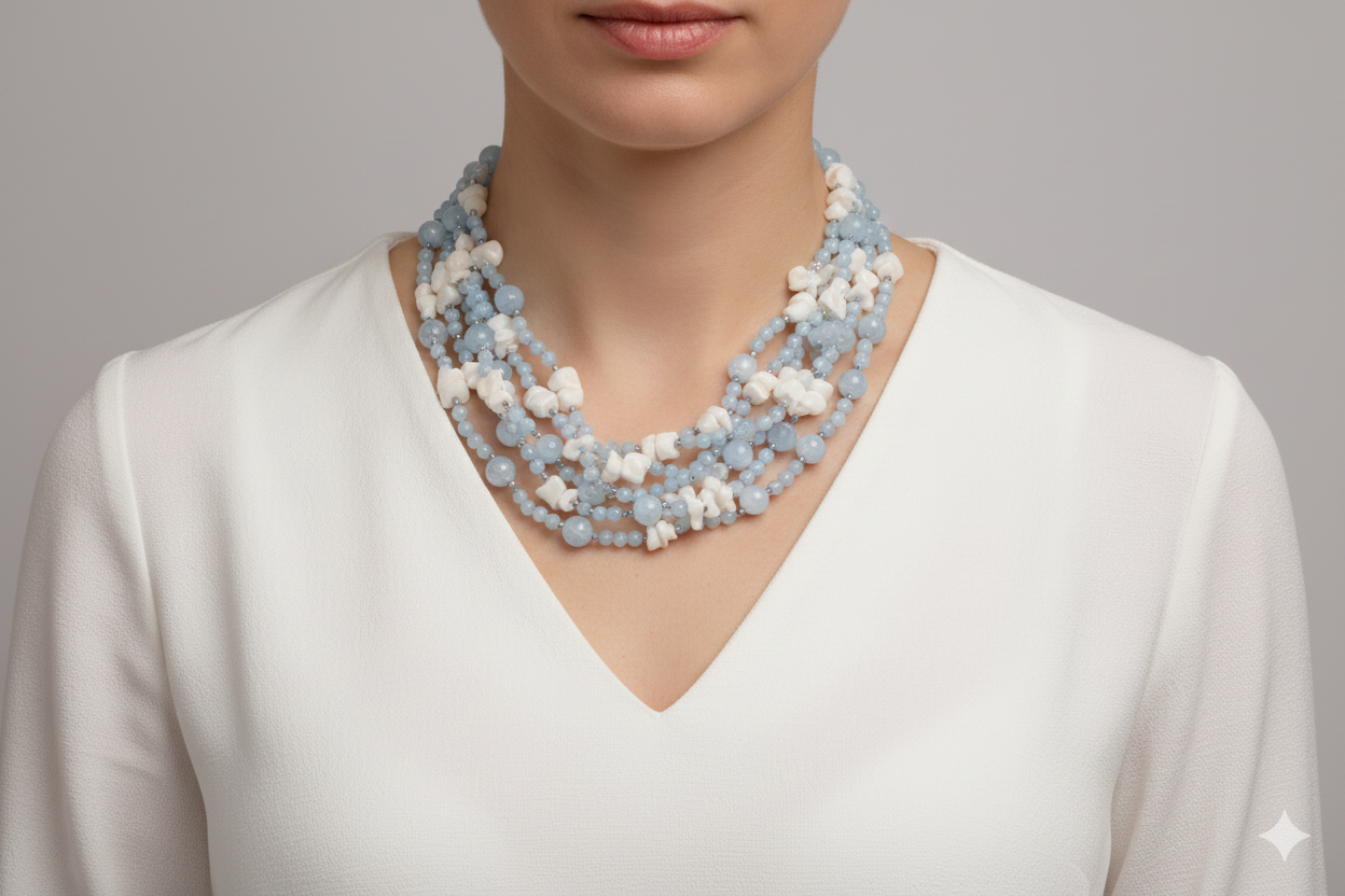 MULTI-STRAND NECKLACE IN 925 SILVER WITH ZIRCONIA, AQUAMARINE, WHITE AND PINK CORAL