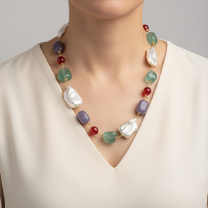 Collana Artigianale Perle Quadrate Fluorite Lepidolite Giada Borgogna Argento 925