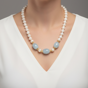 Collana Acquamarina Perle Naturali Argento Placcato Oro