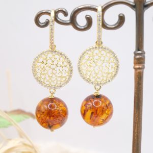 Orecchini Ambra Naturale Argento 925 Zirconi Gold