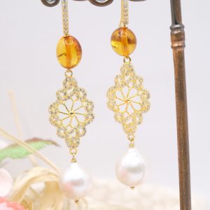 Orecchini Perle Barocche Ambra Argento 925 Zirconi Gold