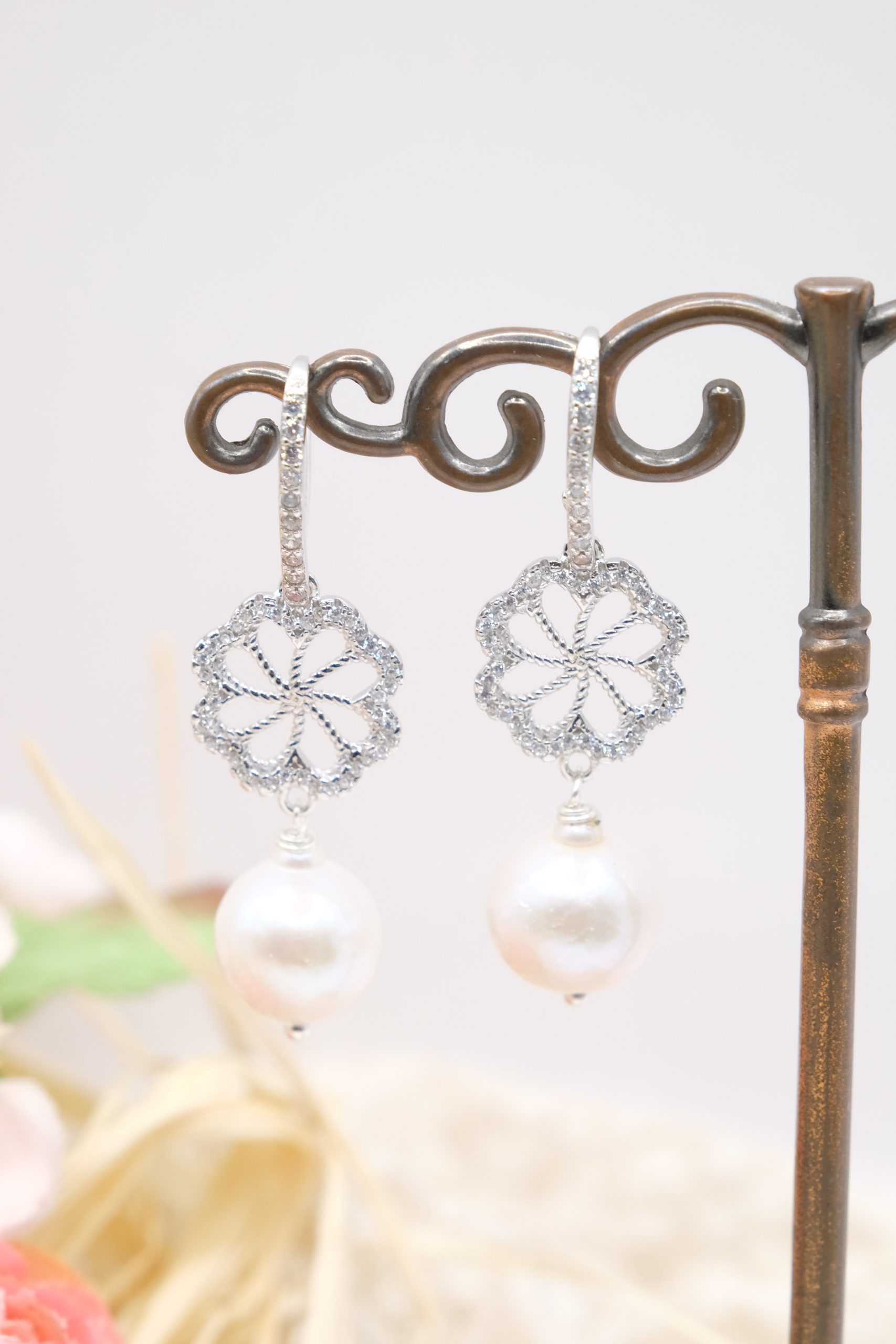 ORECCHINI PERLE NATURALI FIORE ARGENTO 925 PLACCATO ORO ZIRCONI (5)