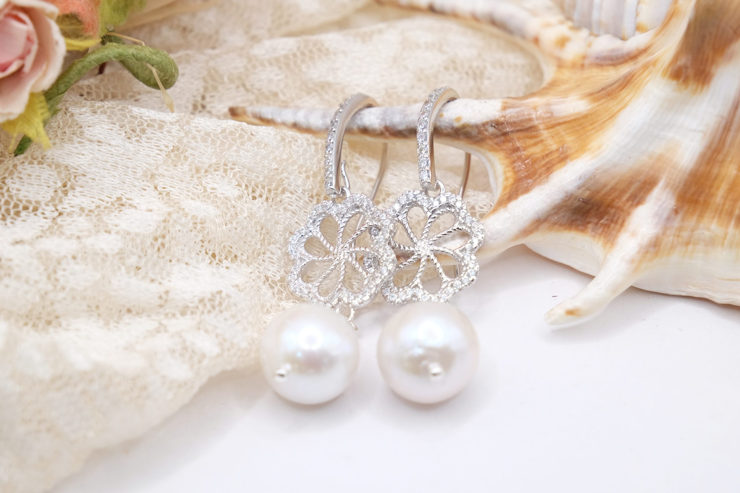 ORECCHINI PERLE NATURALI FIORE ARGENTO 925 PLACCATO ORO ZIRCONI (6)