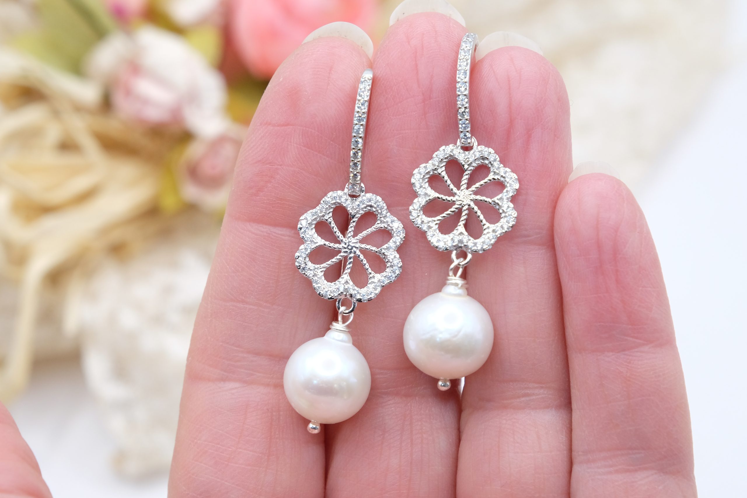 ORECCHINI PERLE NATURALI FIORE ARGENTO 925 PLACCATO ORO ZIRCONI (7)