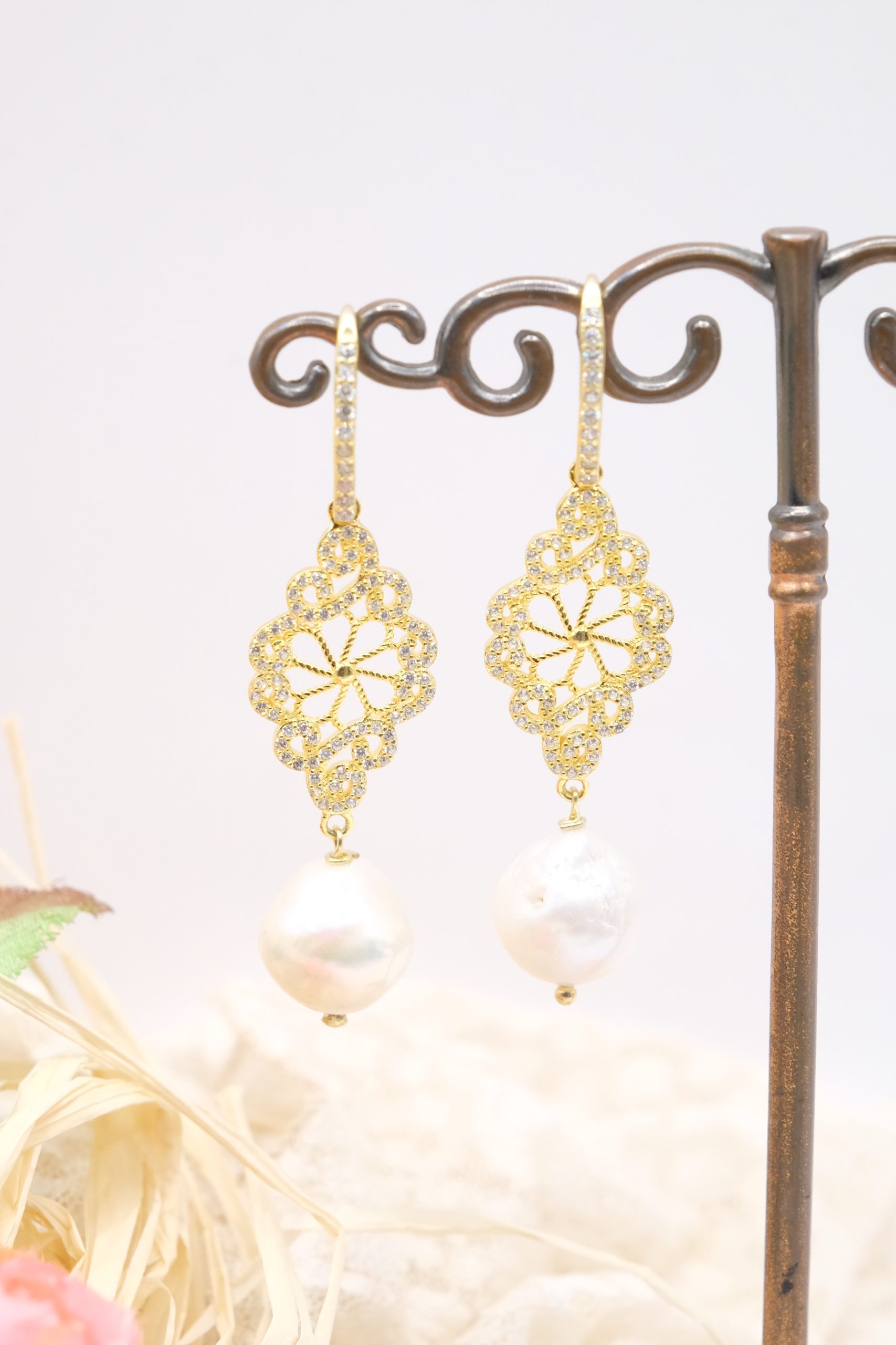 ORECCHINI PERLE NATURALI LOSANGA ARGENTO 925 PLACCATO ORO ZIRCONI (2)