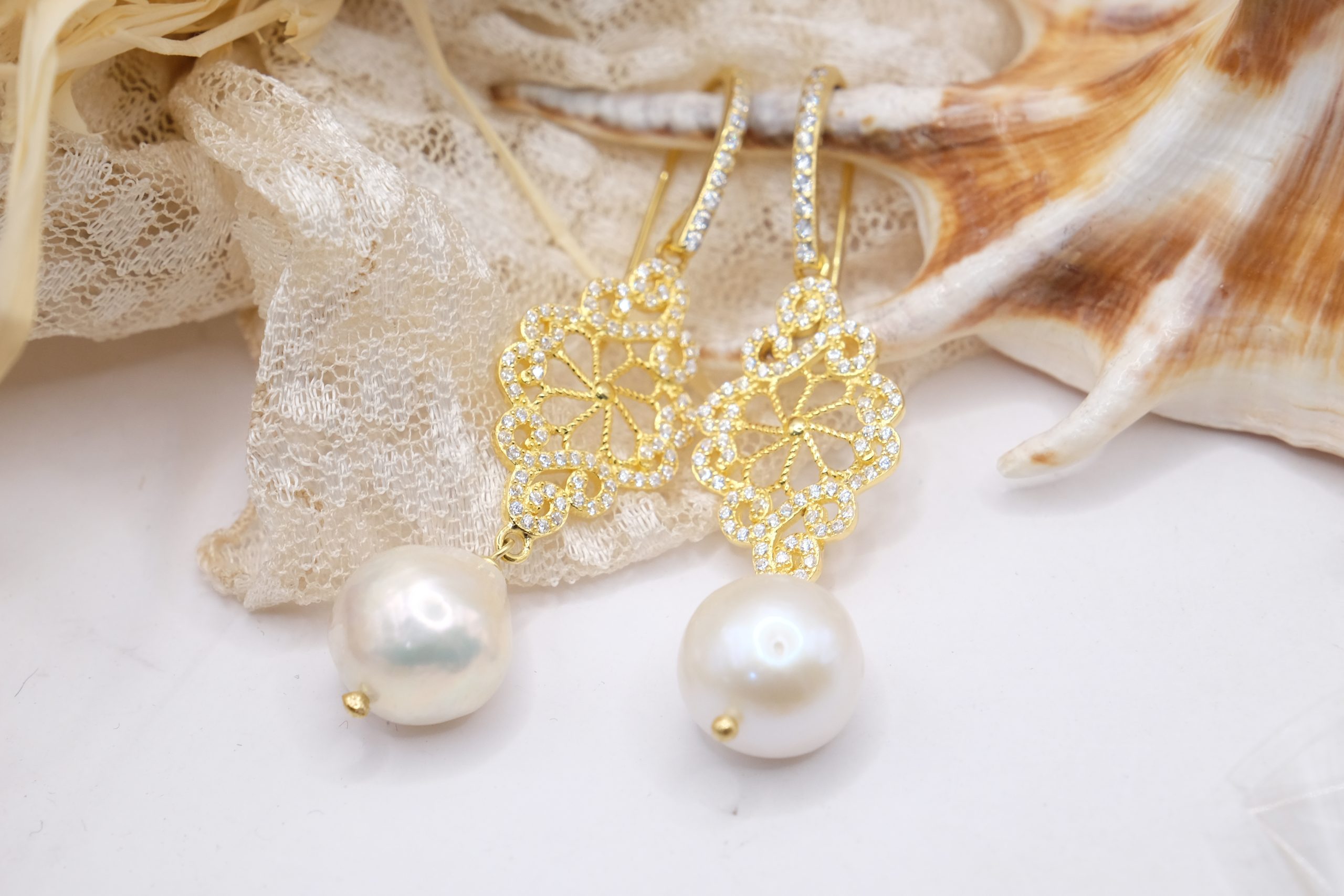 ORECCHINI PERLE NATURALI LOSANGA ARGENTO 925 PLACCATO ORO ZIRCONI (3)