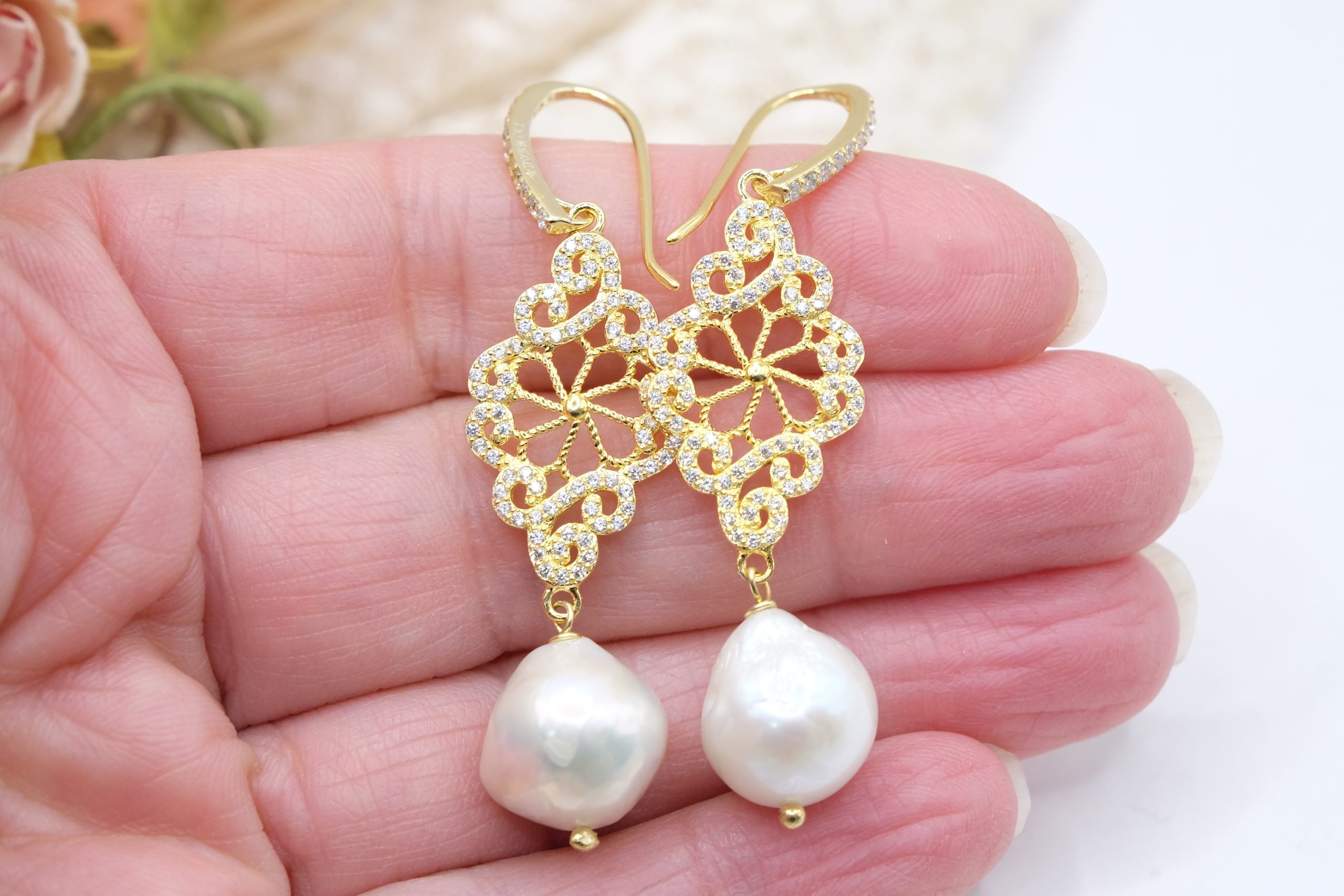 ORECCHINI PERLE NATURALI LOSANGA ARGENTO 925 PLACCATO ORO ZIRCONI (4)