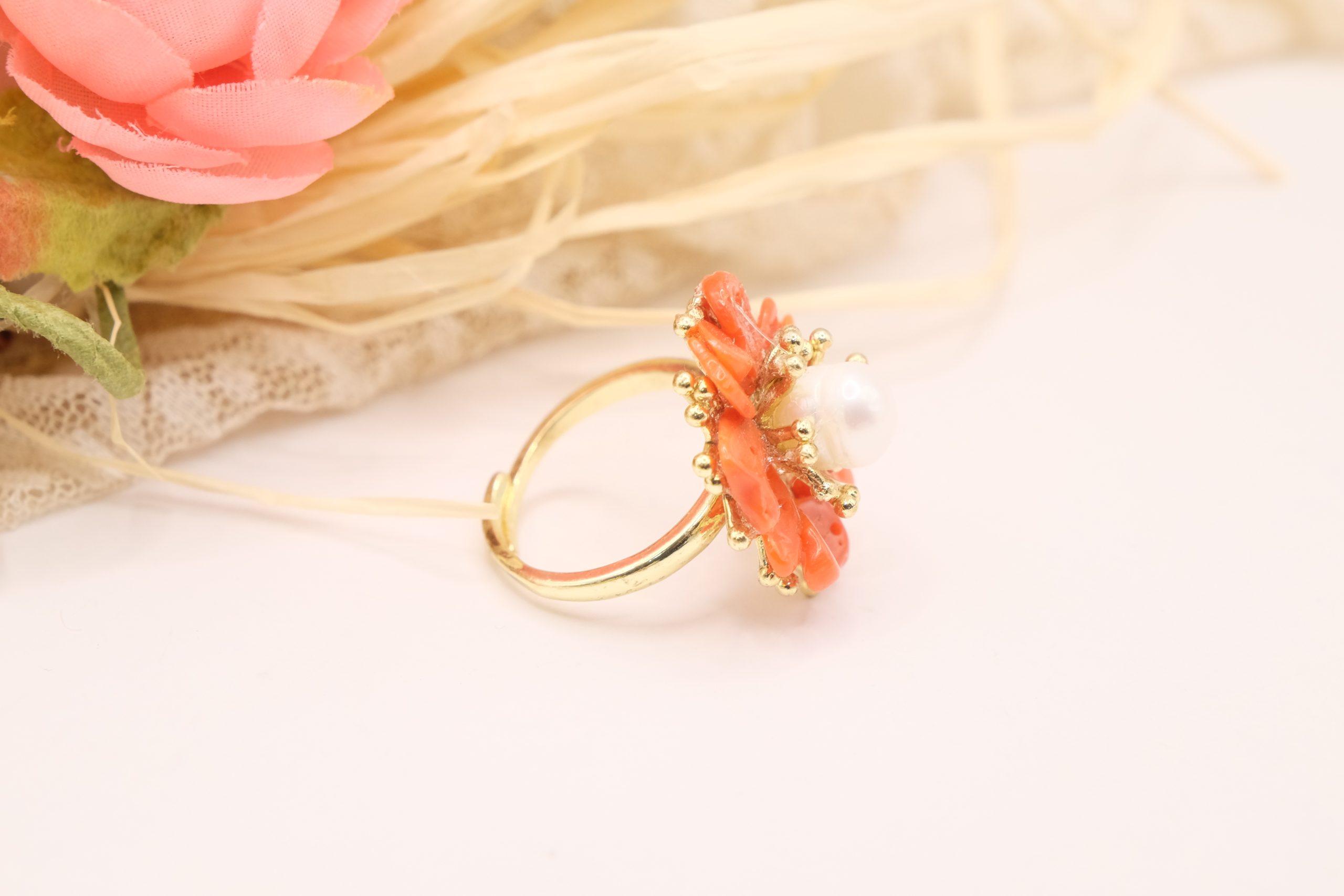 NATURAL CORAL FLOWER RING WITH HANDMADE PEARL (3)