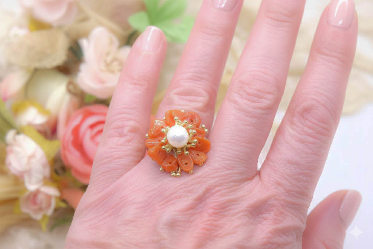 NATURAL CORAL FLOWER RING WITH HANDCRAFTED PEARL