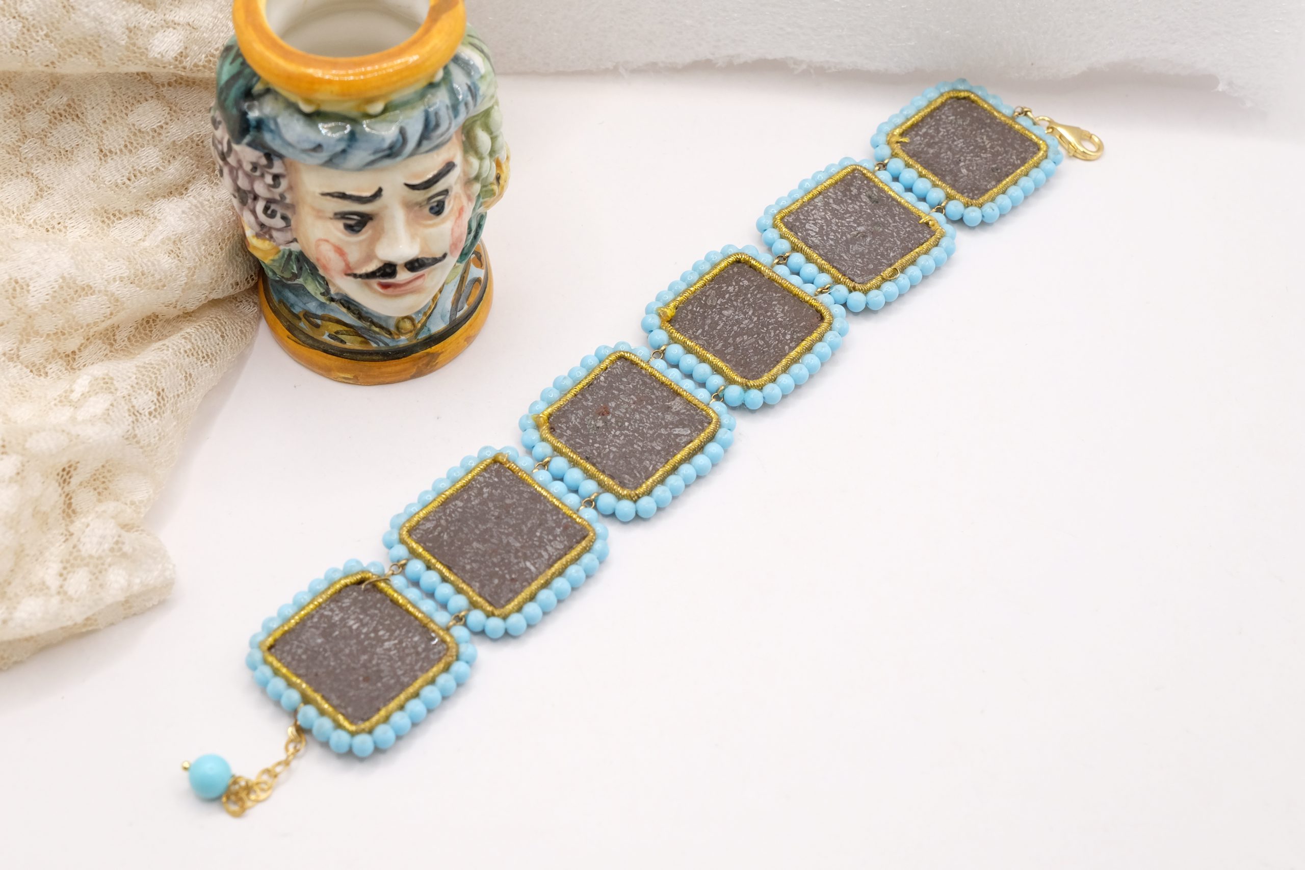 SICILIAN CALTAGIRONE CERAMIC TILES BRACELET HANDMADE TURQUOISE PASTE (1)