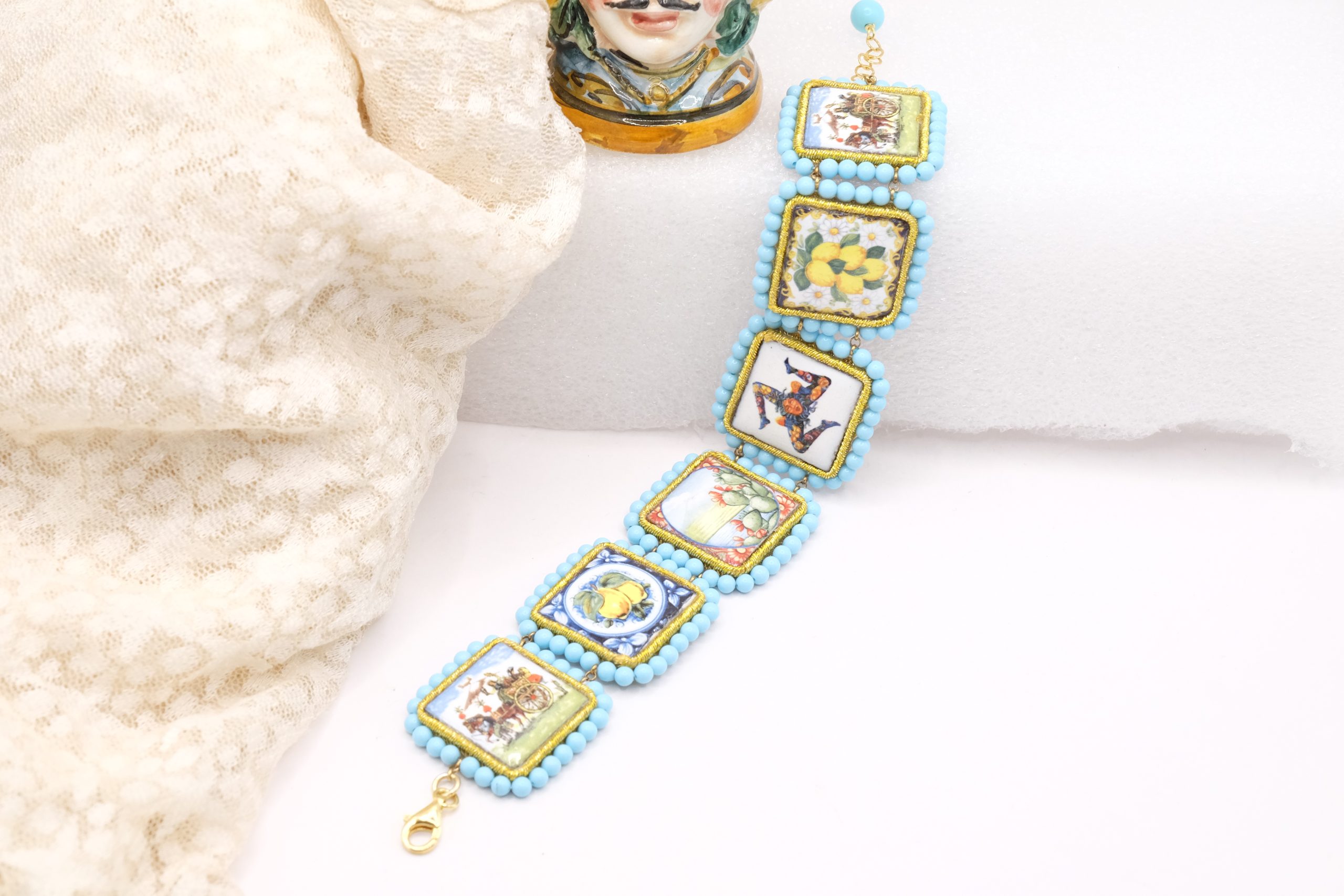 SICILIAN CALTAGIRONE CERAMIC TILES BRACELET HANDMADE TURQUOISE PASTE (2)