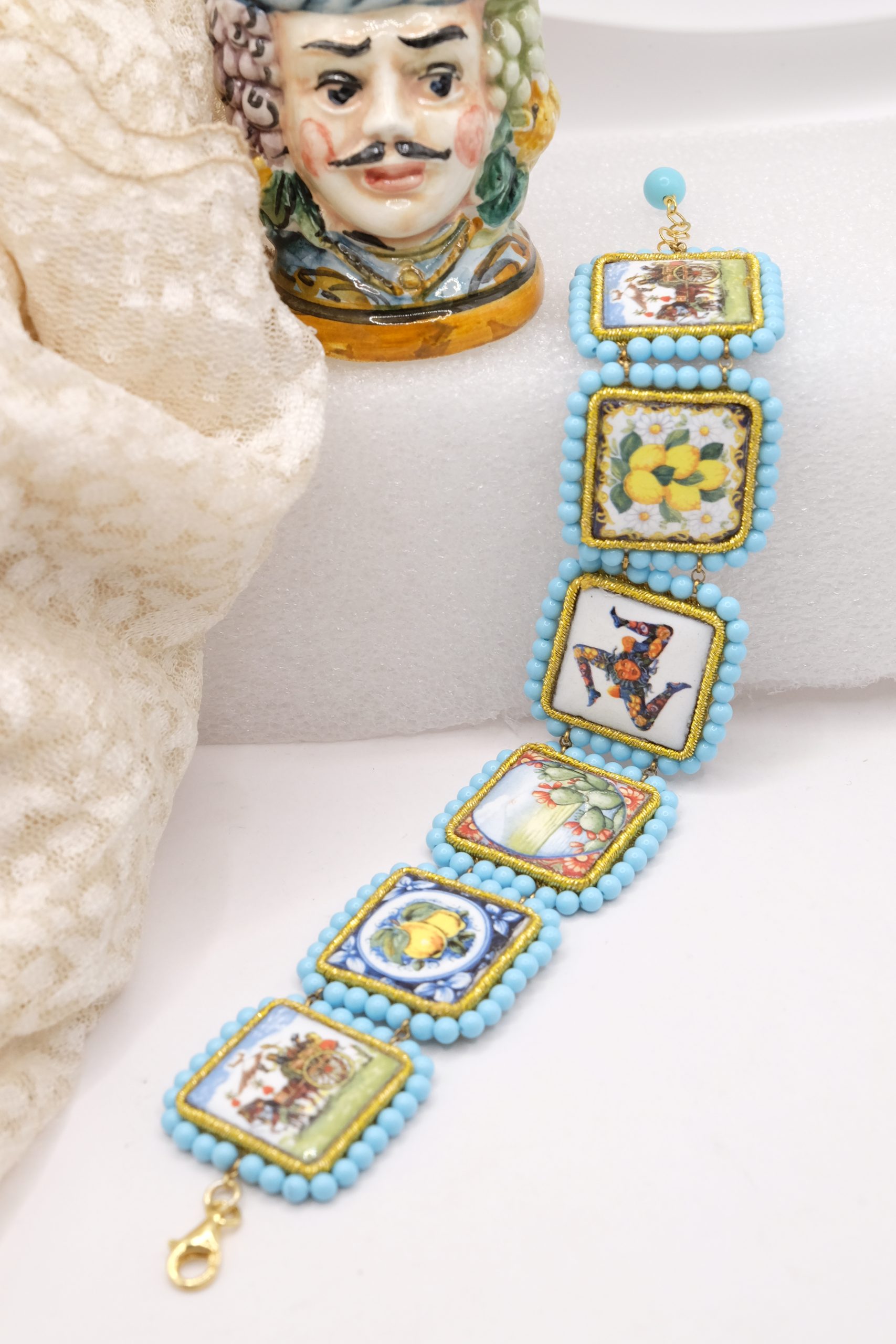SICILIAN CALTAGIRONE CERAMIC TILES BRACELET HANDMADE TURQUOISE PASTE (3)