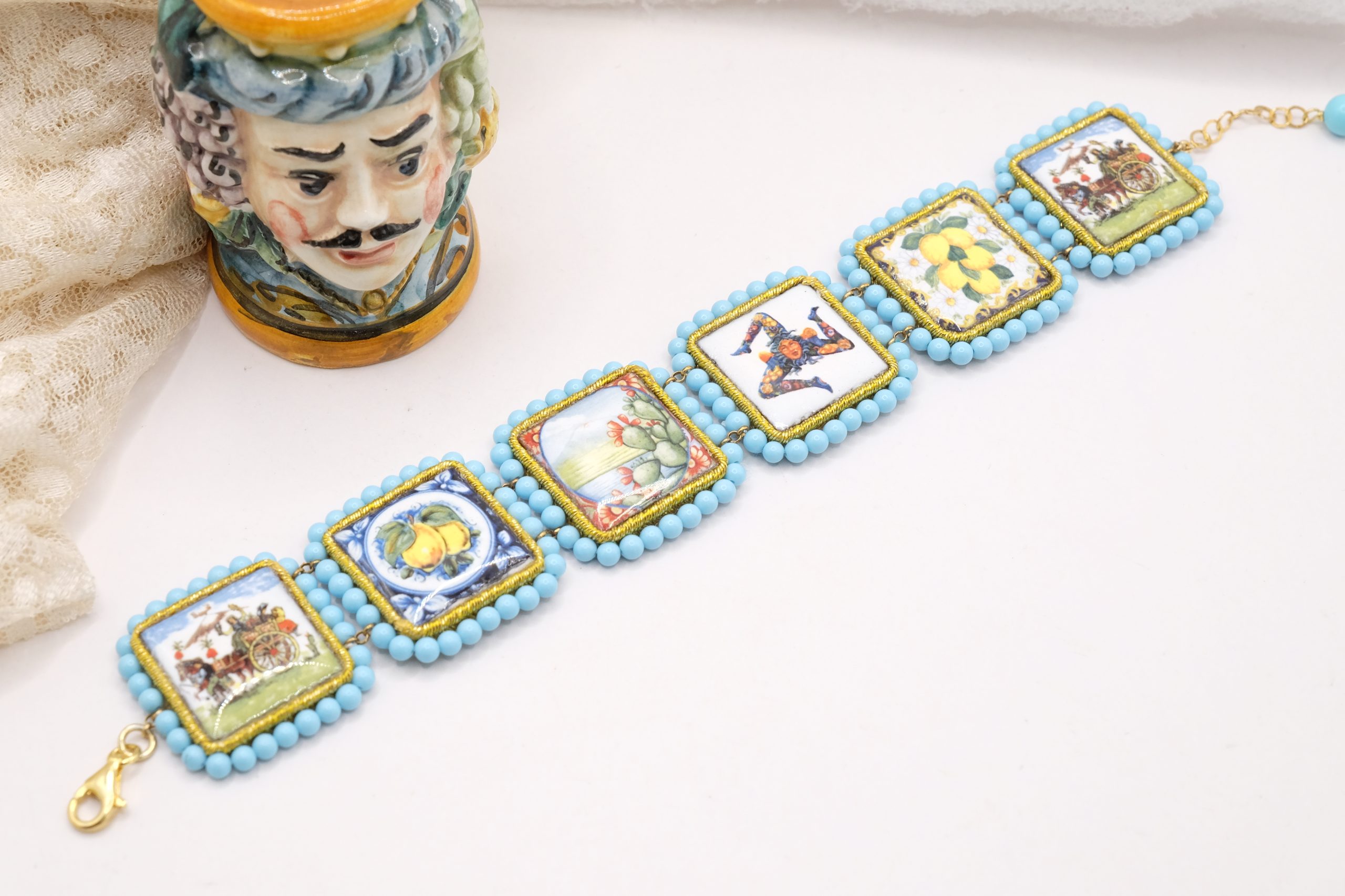 SICILIAN CALTAGIRONE CERAMIC TILES BRACELET HANDMADE TURQUOISE PASTE (4)