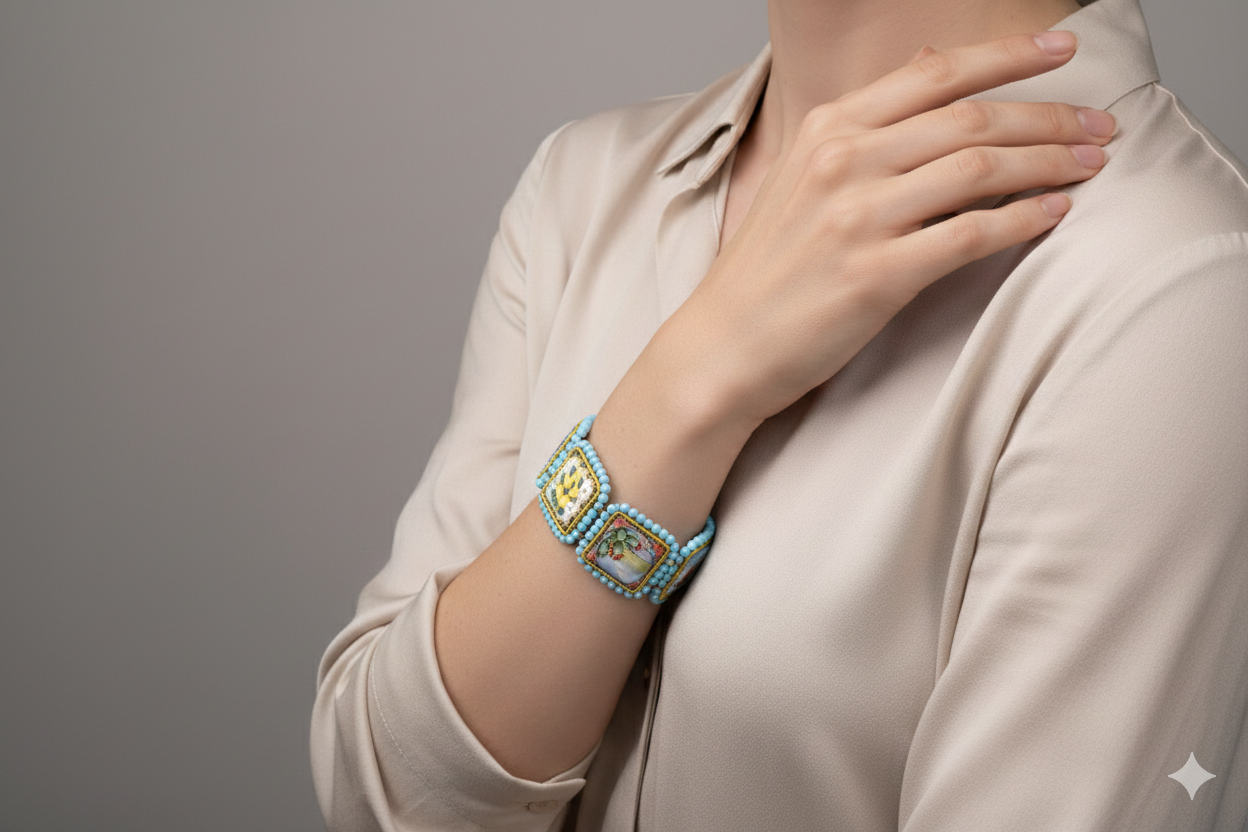 SICILIAN CALTAGIRONE CERAMIC TILES BRACELET HANDMADE TURQUOISE PASTE (5)