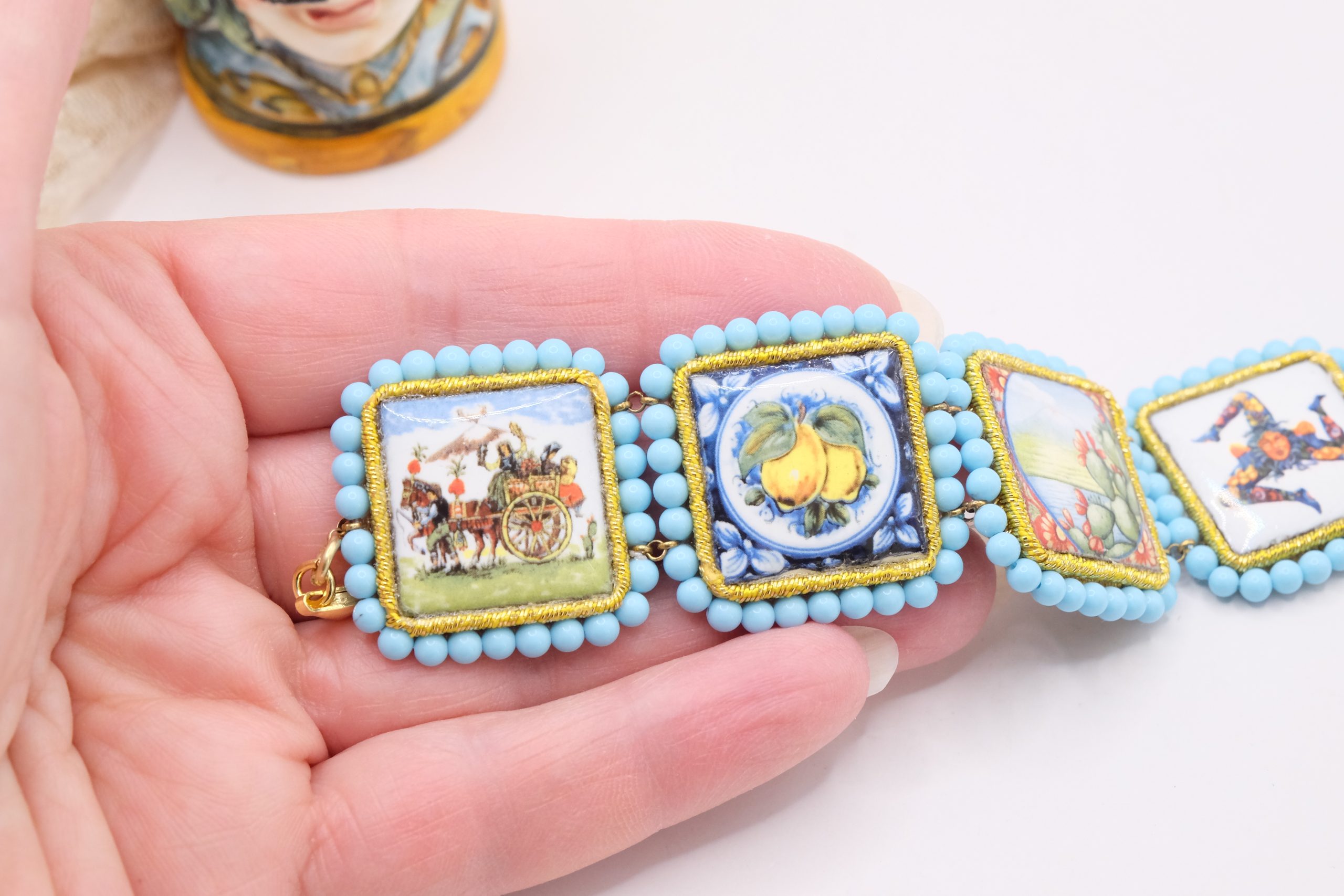 SICILIAN CALTAGIRONE CERAMIC TILES BRACELET HANDMADE TURQUOISE PASTE (6)