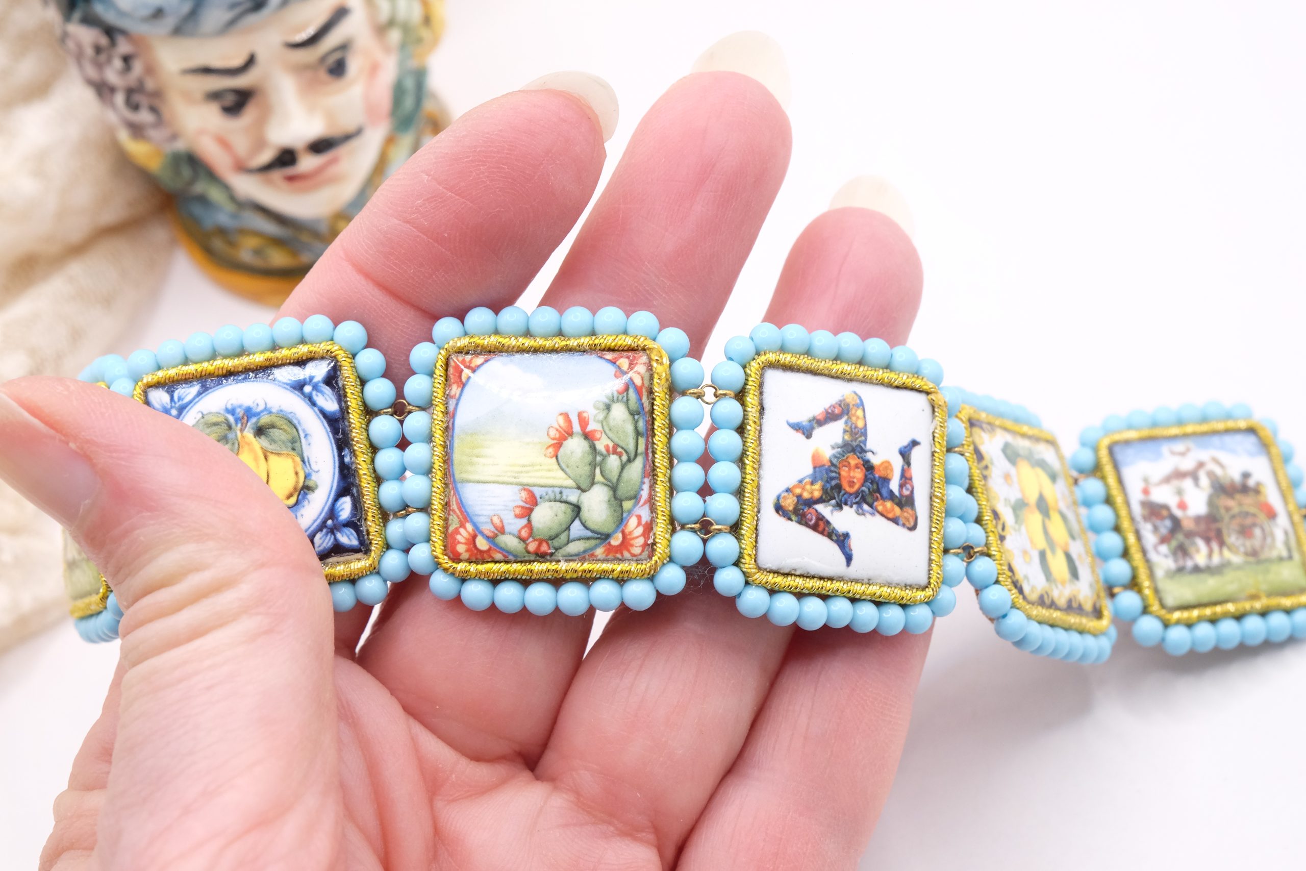 SICILIAN CALTAGIRONE CERAMIC TILES BRACELET HANDMADE TURQUOISE PASTE (7)
