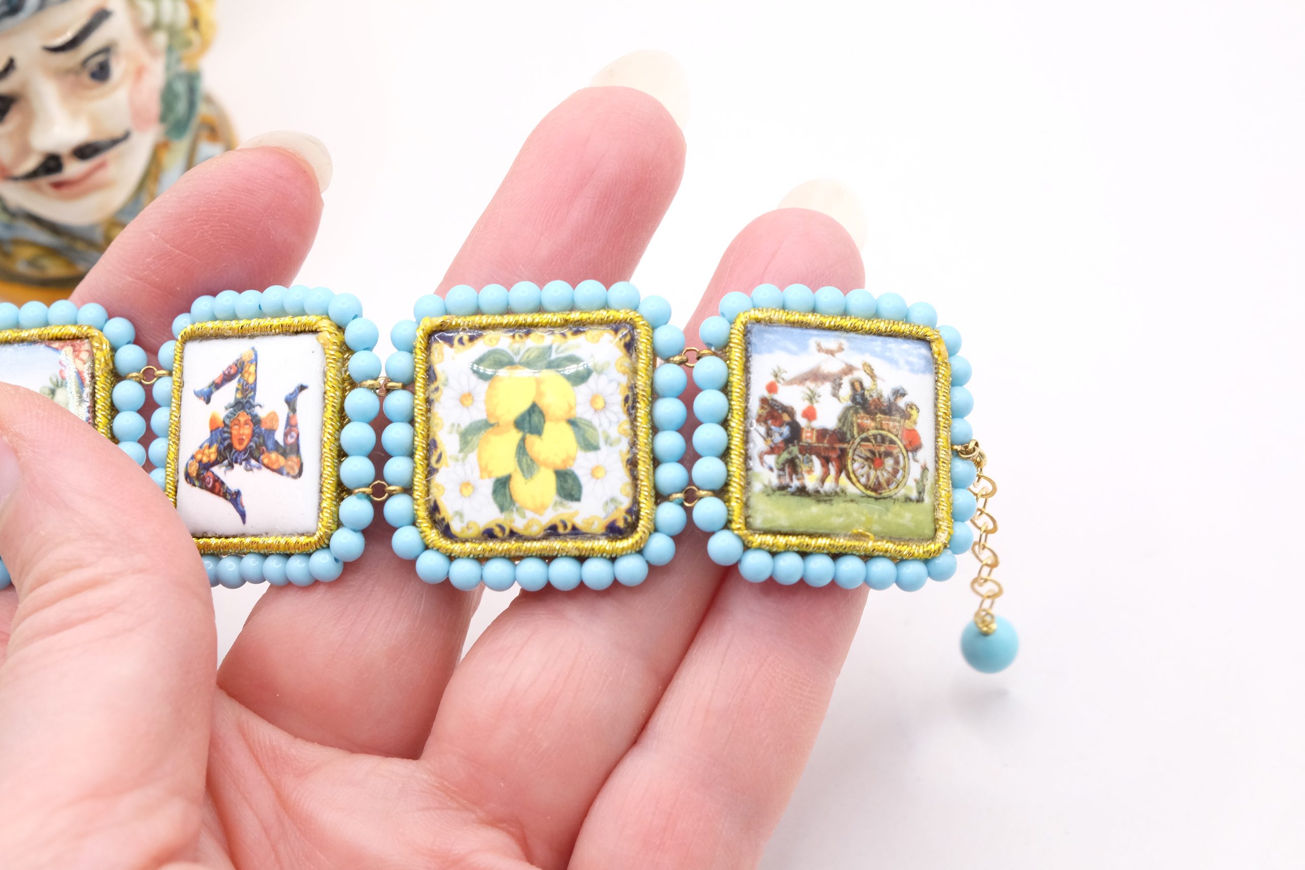 SICILIAN CALTAGIRONE CERAMIC TILES BRACELET HANDMADE TURQUOISE PASTE (8)