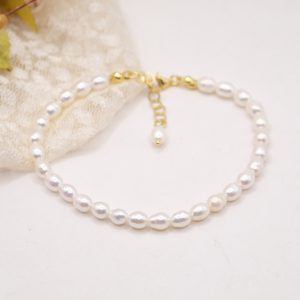 Bracciale Perle Bianche Naturali Chicco di Riso Argento 925 Placcato Oro