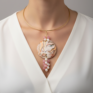 Ciondolo Artigianale Piastra in Ceramica di Caltagirone e Pietre Naturali 7 varianti