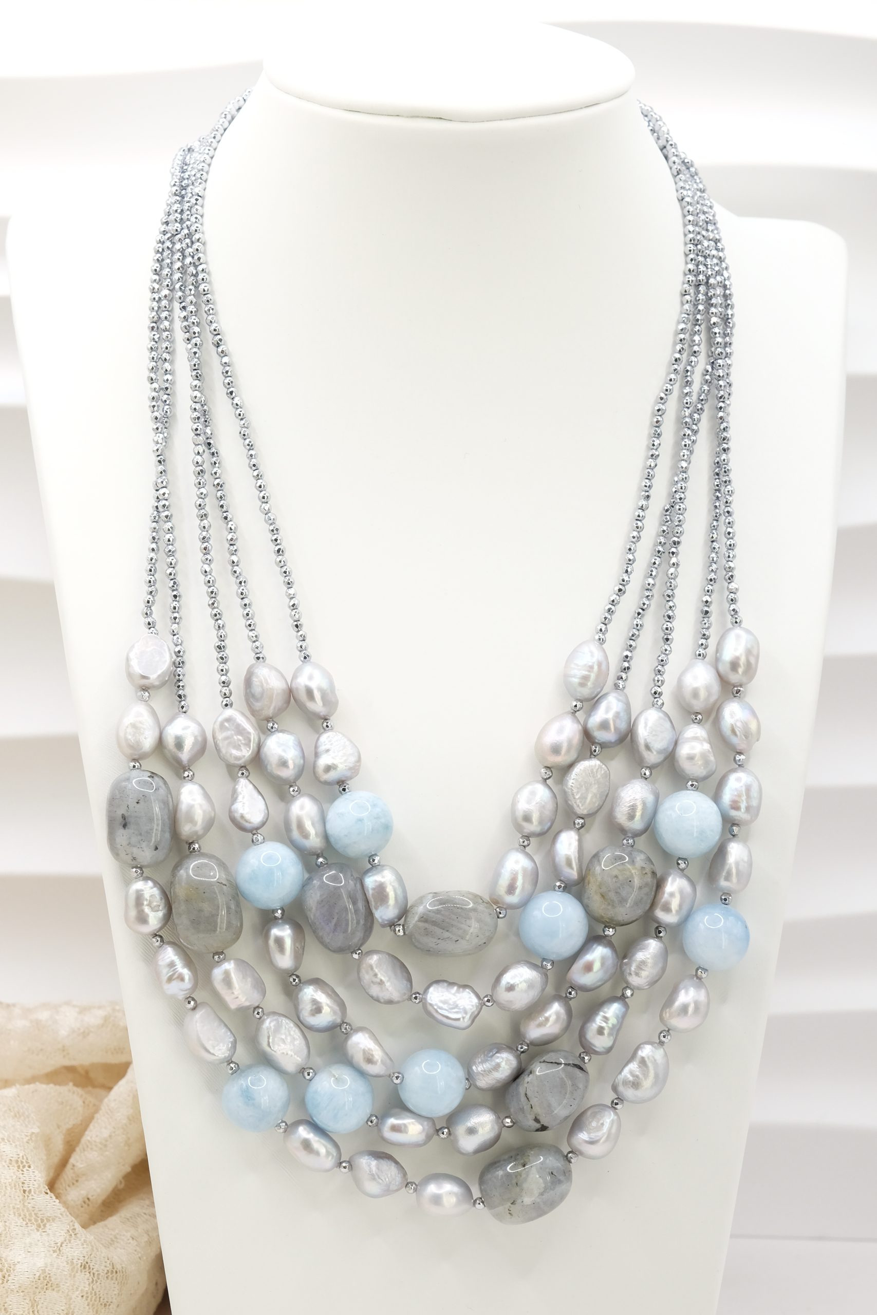 COLLANA ACUAMARINA PERLE GRIGIE ACQUAMARINA EMATITE ARGENTO EMATITE (2)