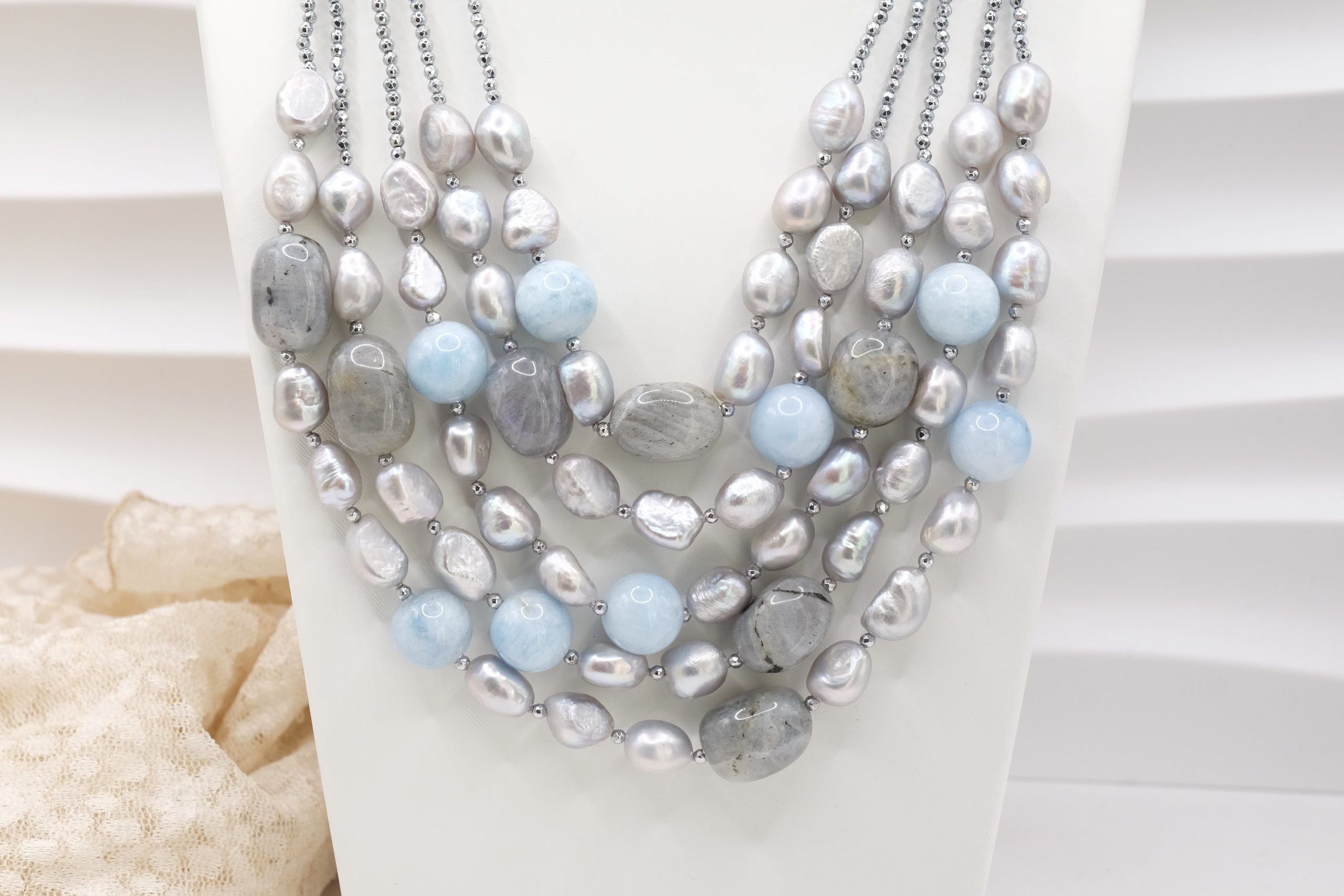 COLLANA ACUAMARINA PERLE GRIGIE ACQUAMARINA EMATITE ARGENTO EMATITE (3)