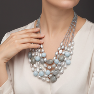 Collana Multifilo Perle Grigie Naturali Acquamarina Ematite Argento