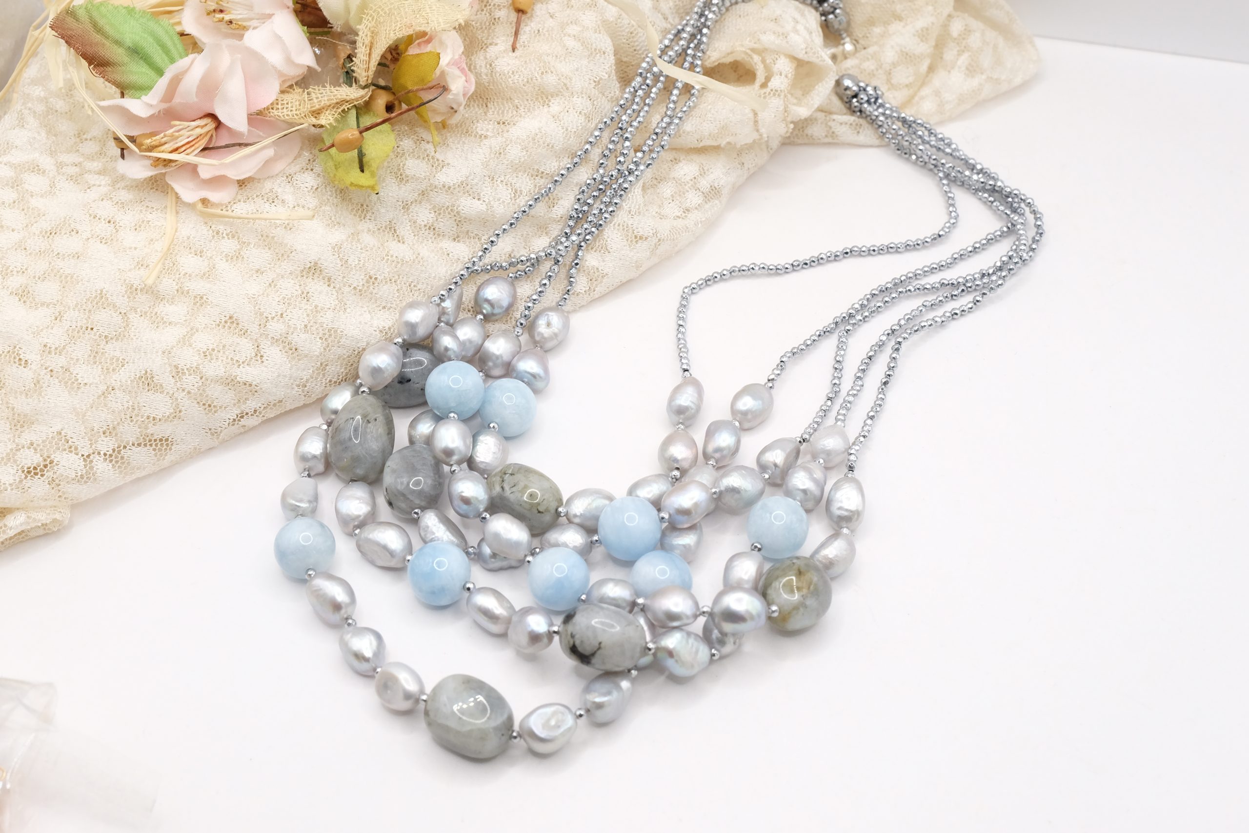 COLLANA ACUAMARINA PERLE GRIGIE ACQUAMARINA EMATITE ARGENTO EMATITE (4)