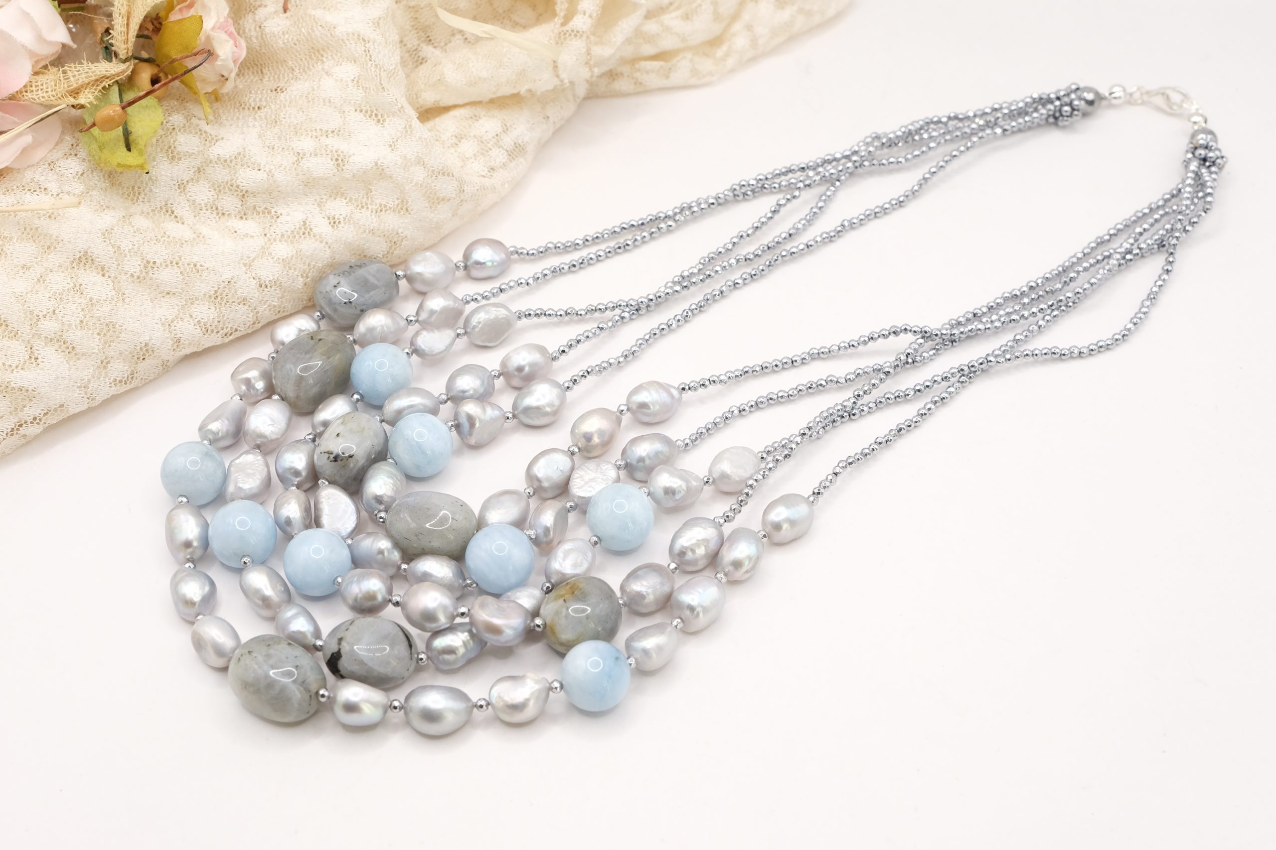 COLLANA ACUAMARINA PERLE GRIGIE ACQUAMARINA EMATITE ARGENTO EMATITE (6)