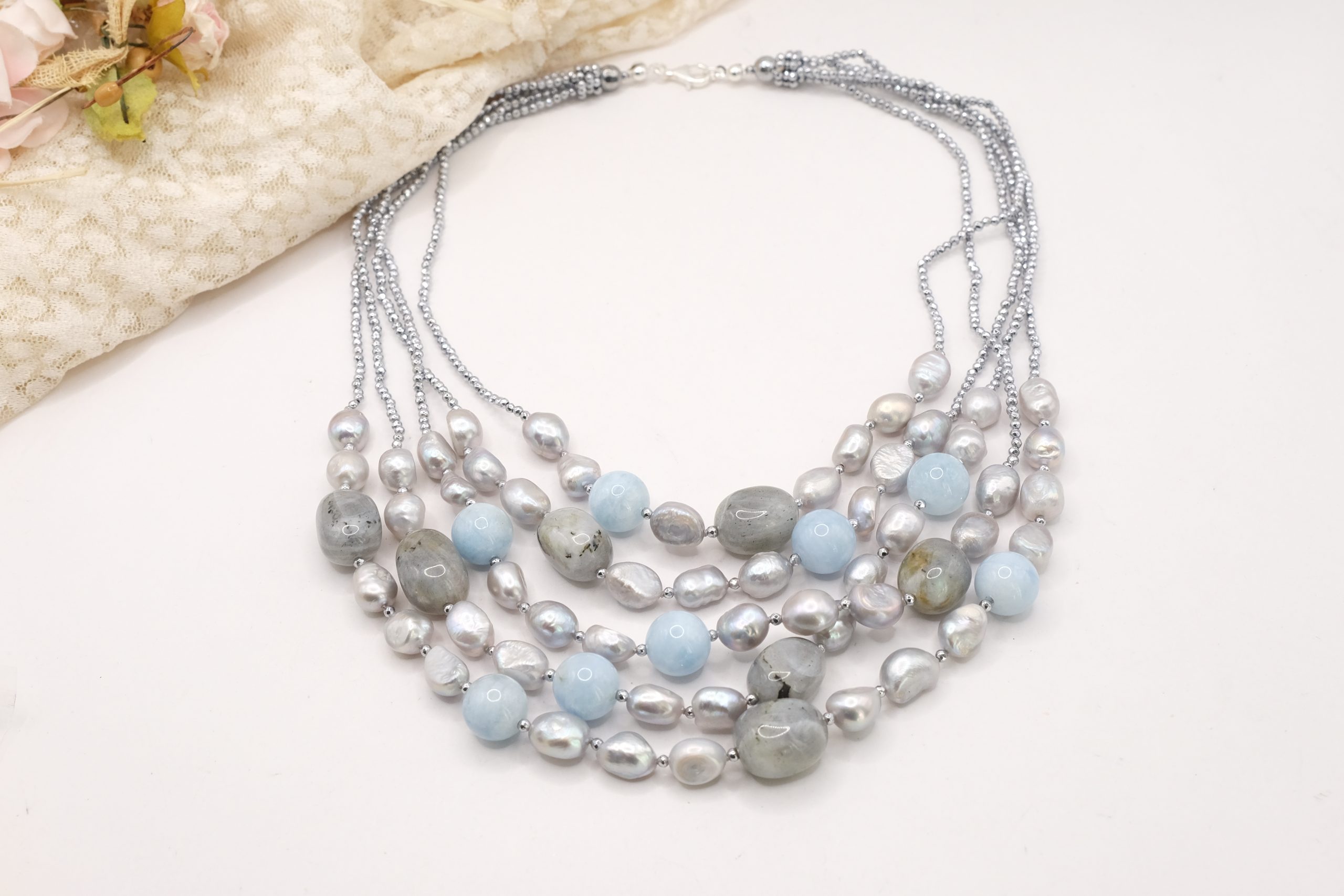 COLLANA ACUAMARINA PERLE GRIGIE ACQUAMARINA EMATITE ARGENTO EMATITE (8)