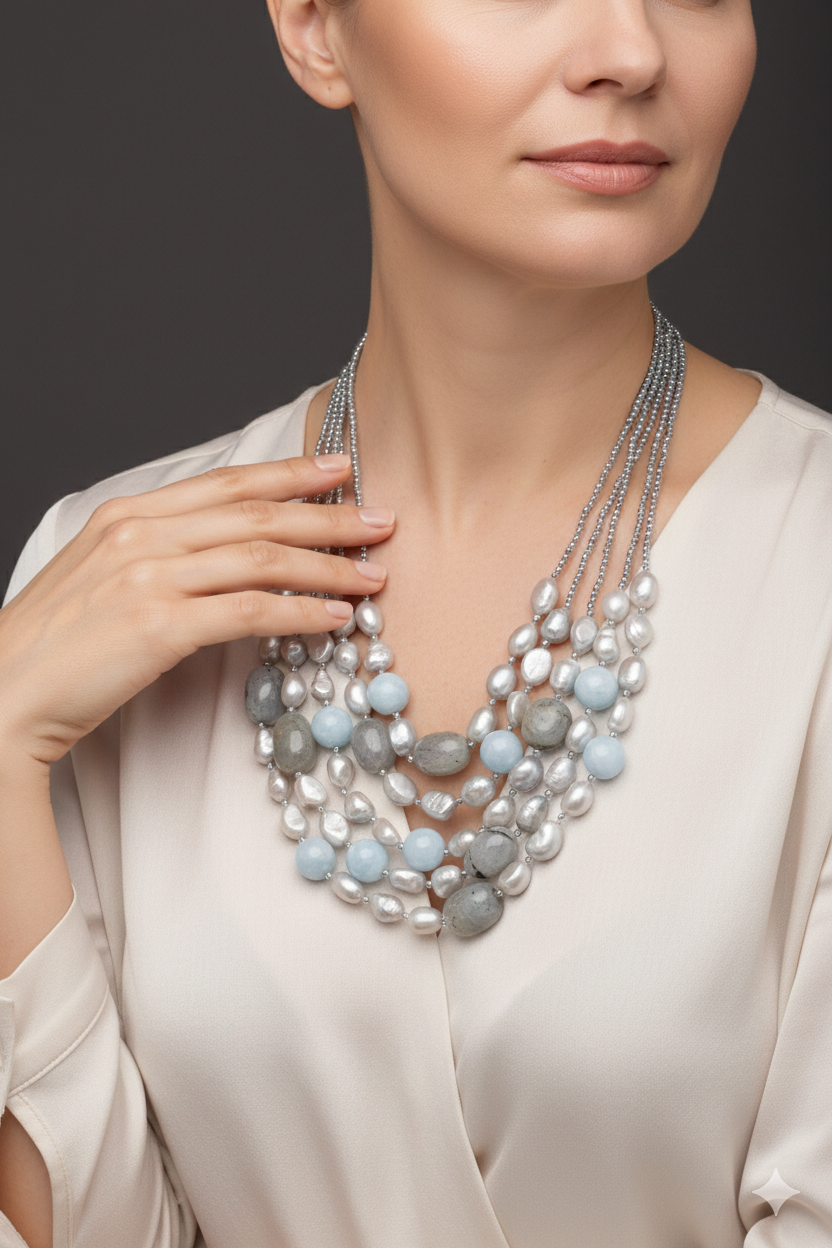 COLLANA ACUAMARINA PERLE GRIGIE ACQUAMARINA EMATITE ARGENTO EMATITE