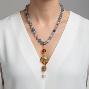 Collana Artigianale Ciondolo Nepalese Perla Sughero Ambra Agata Cobalto