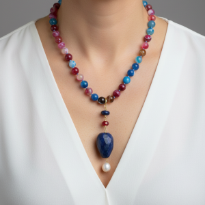 Collana Agata Multicolore Ciondolo Lapis Perla Naturale Borgogna Argento