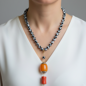 Collana Artigianale Ciondolo Nepalese Perla Corallo Agata Variegata