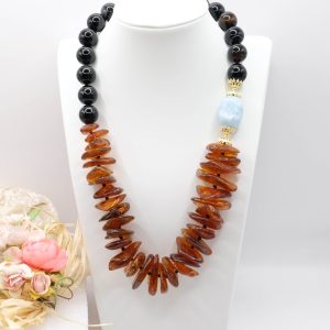 Collana Onice Acquamarina Ambra del Baltico Argento 925