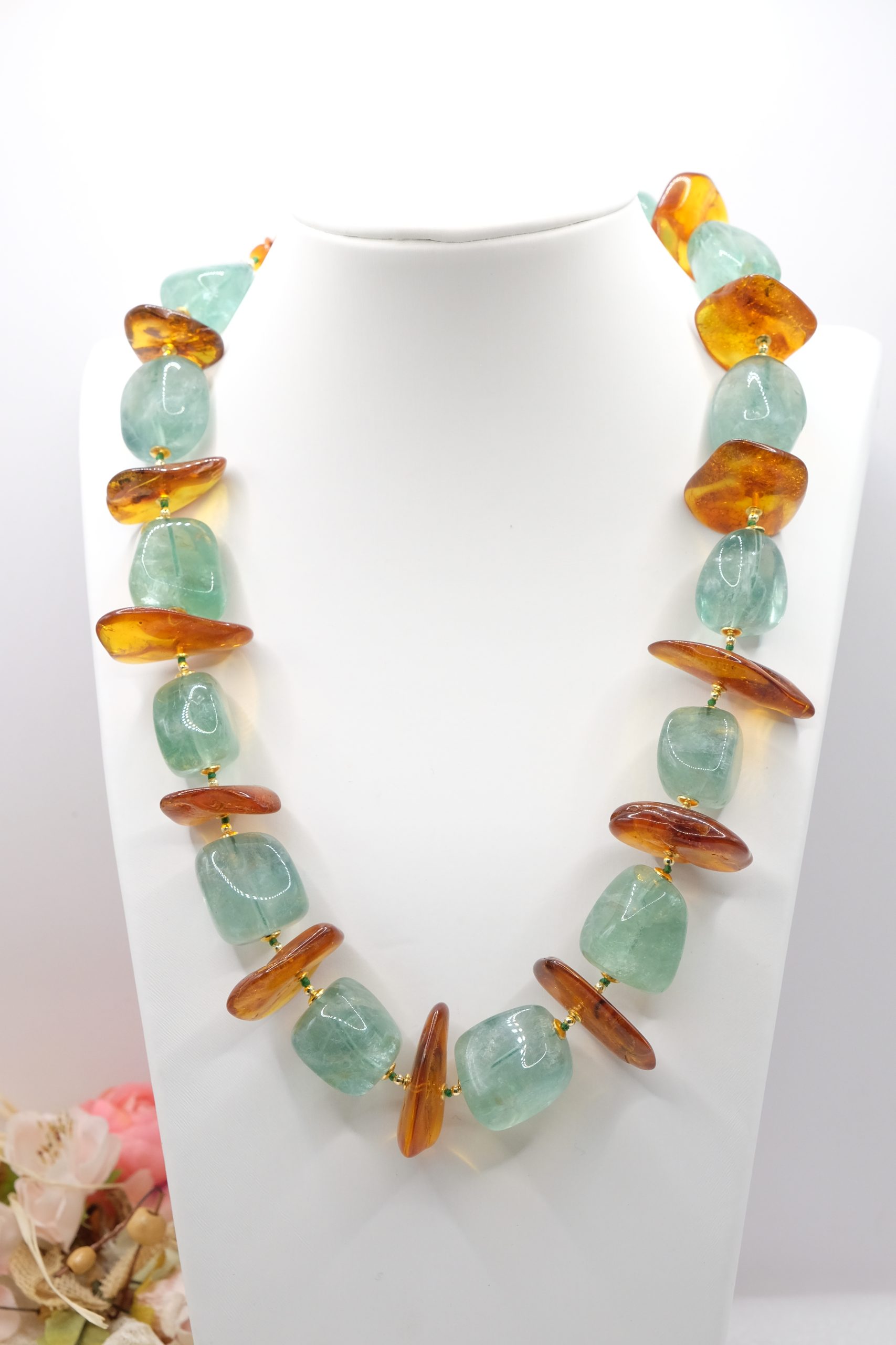 COLLANA ARTIGIANALE AMBRA FLUORITE EMATITE ARGENTO 925 PLACCATO ORO (2)